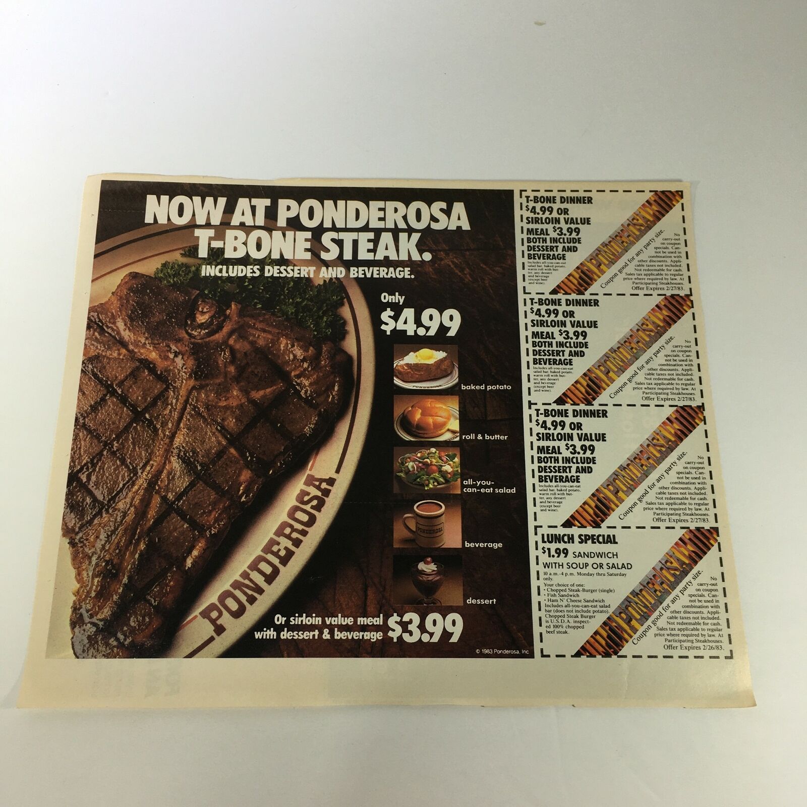 VTG Retro 1983 Ponderosa T-Bone Steak Sirloin Value Meal Print Ad Coupon