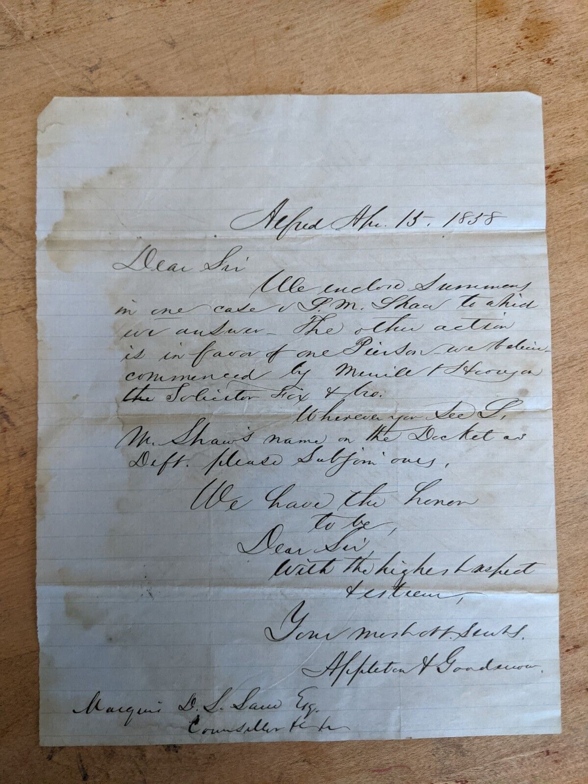 1858 Handwritten Letter. Summens J. M. Shaw