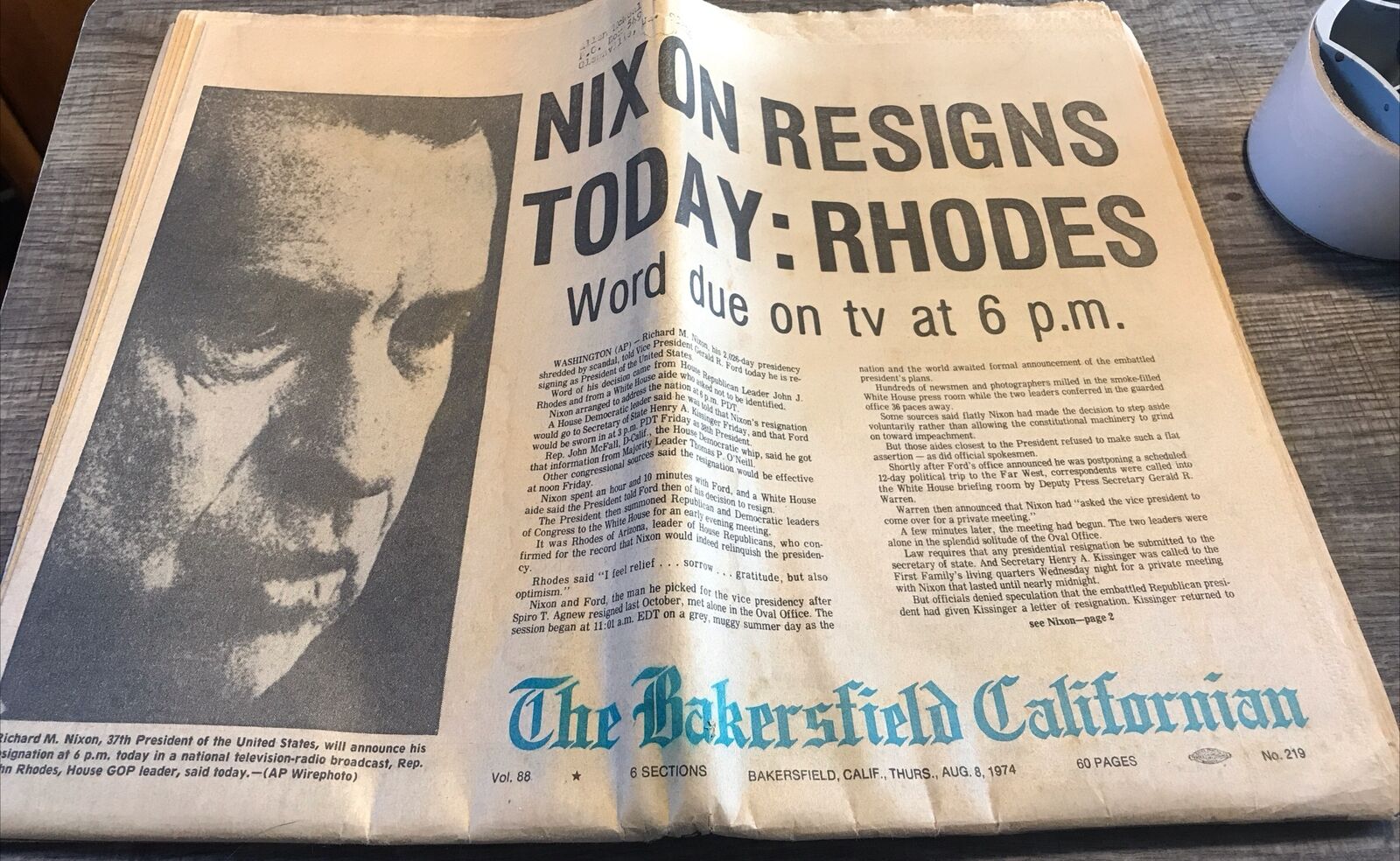 Nixon Resigns Today Rhodes Bakersfield Californian 8 8 1974