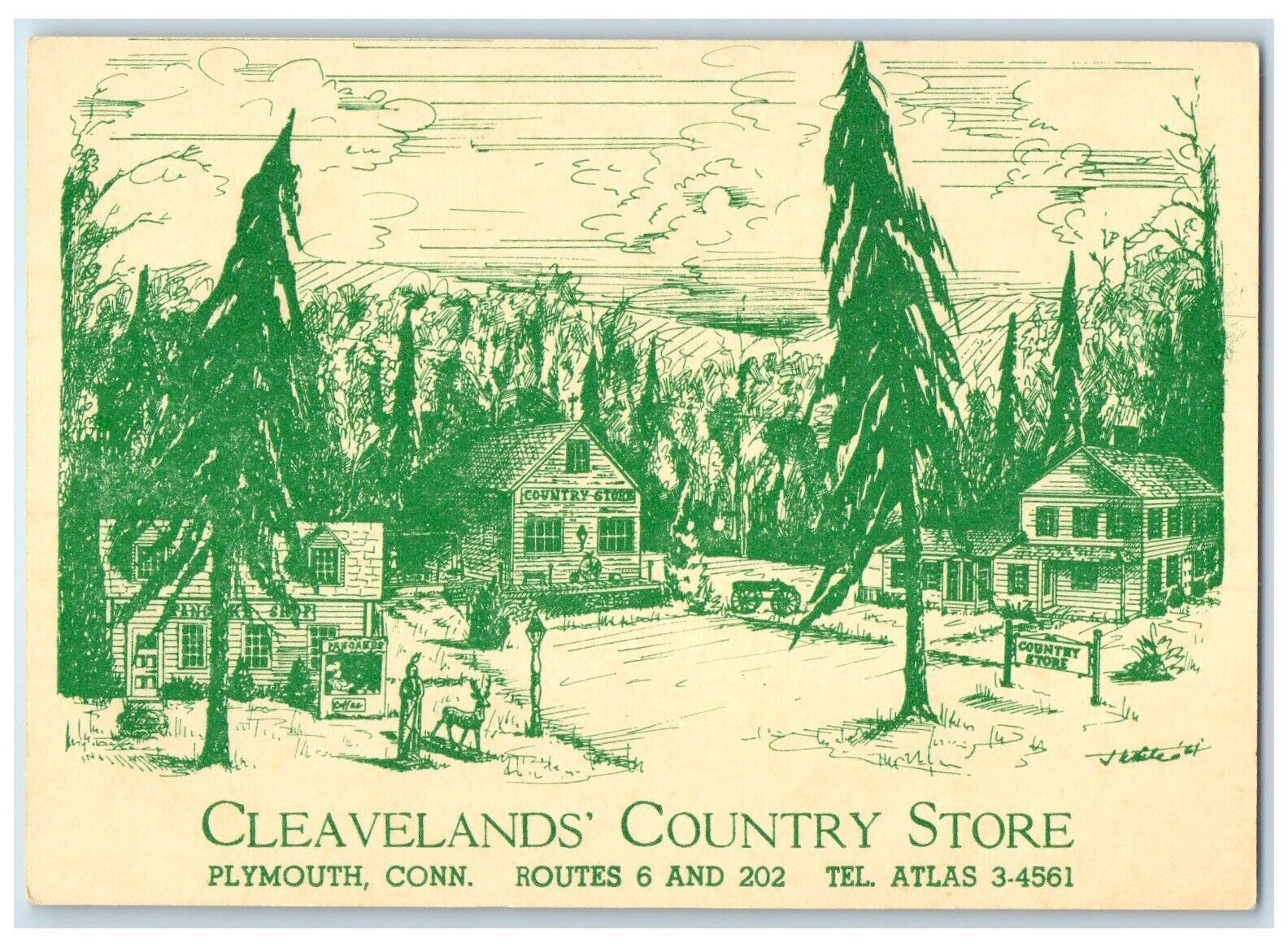 c1940s Cleveland Country Store Plymouth Connecticut Unposted Green Tint Postcard