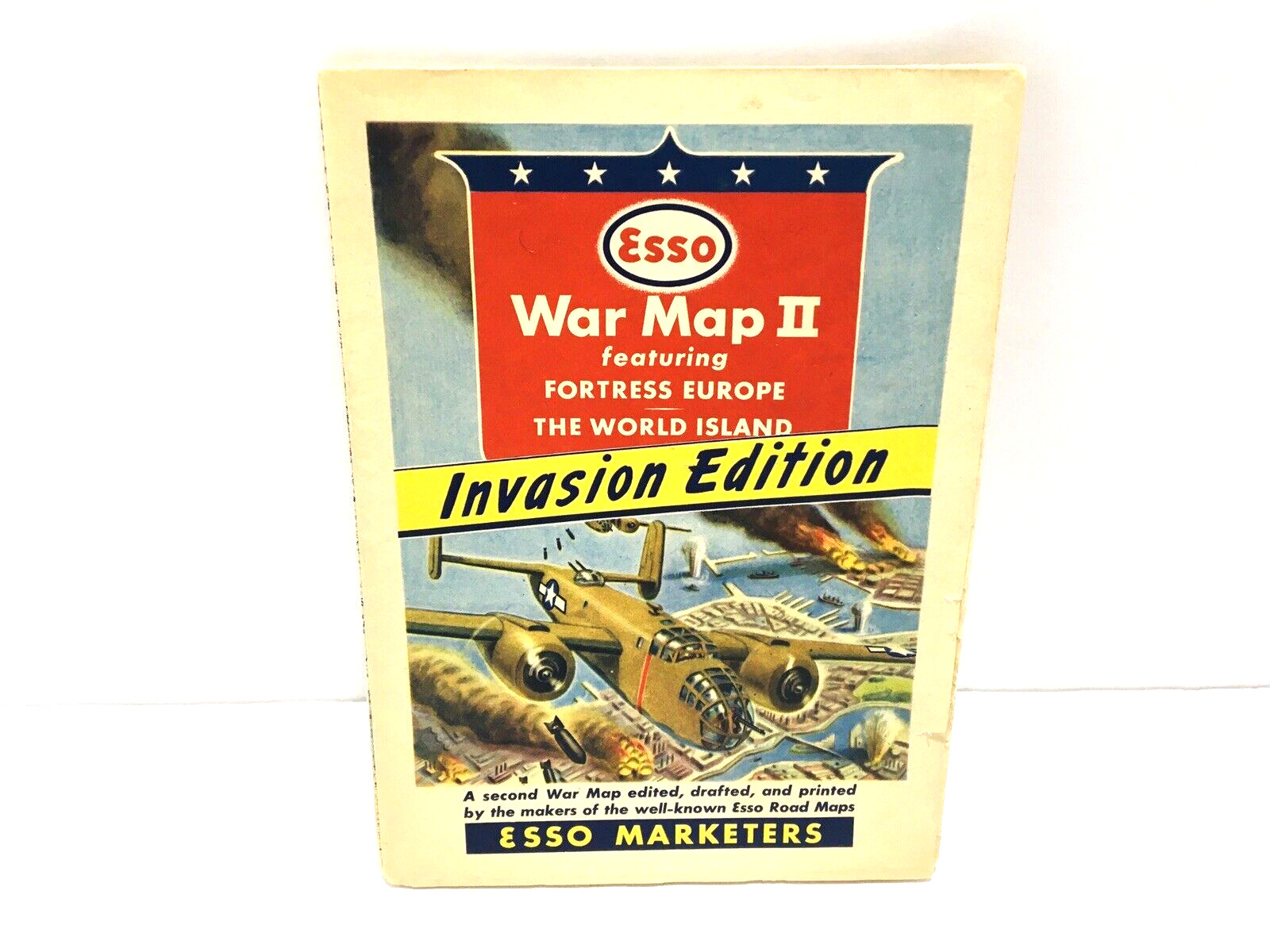 Vtg. 1940s ESSO FOLD-OUT WAR MAP Fortress Europe Oil Island Invasion Edition