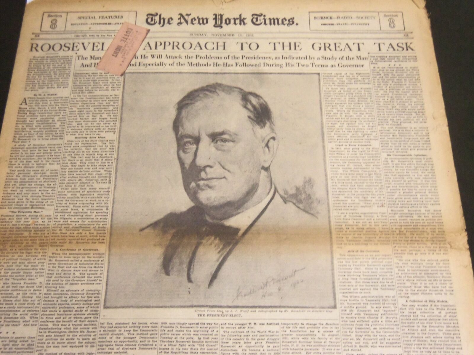 1932 NOV 13 NY TIMES SPECIAL FEATURES - ROOSEVELT\'S APPROACH TO TASK - NT 7092