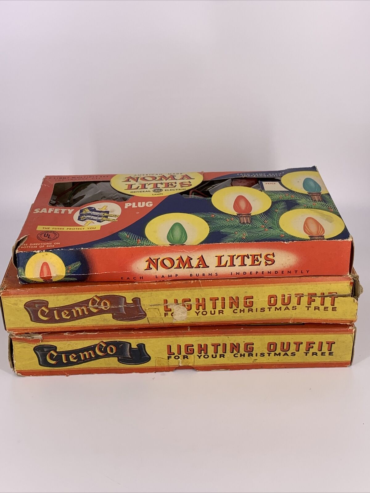 Vintage Clemco, Noma Lites Christmas lights in original boxes set of 3 GE 1930s
