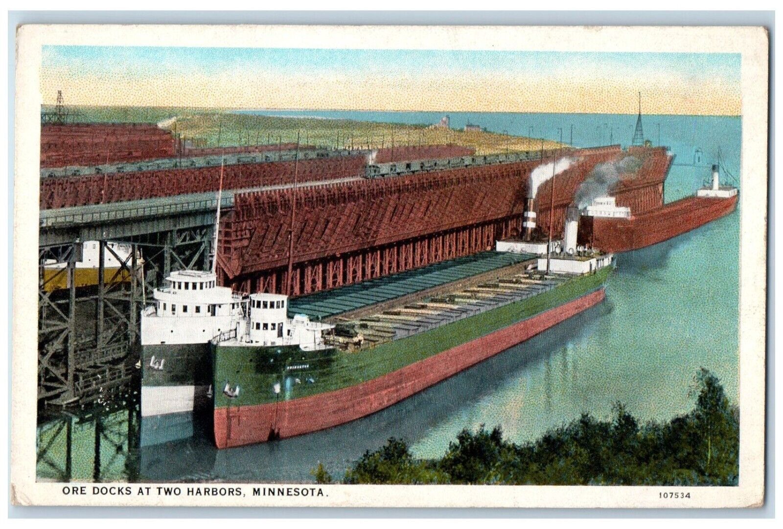 c1920 Ore Docks Two Harbors Steamer Cargo Ship Shipyard Dock Minnesota Postcard