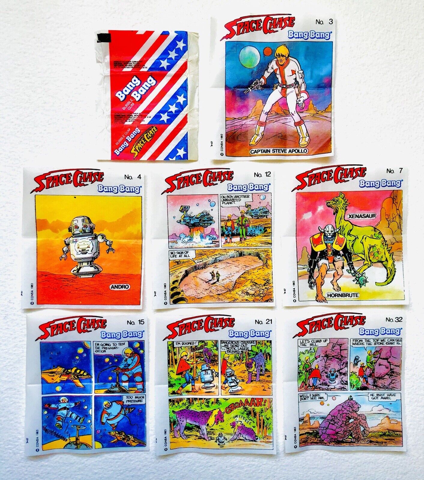 Vintage 1983 SPACE CHASE Bang Bang Comic Cards Wrappers Set Of 7 COMICS