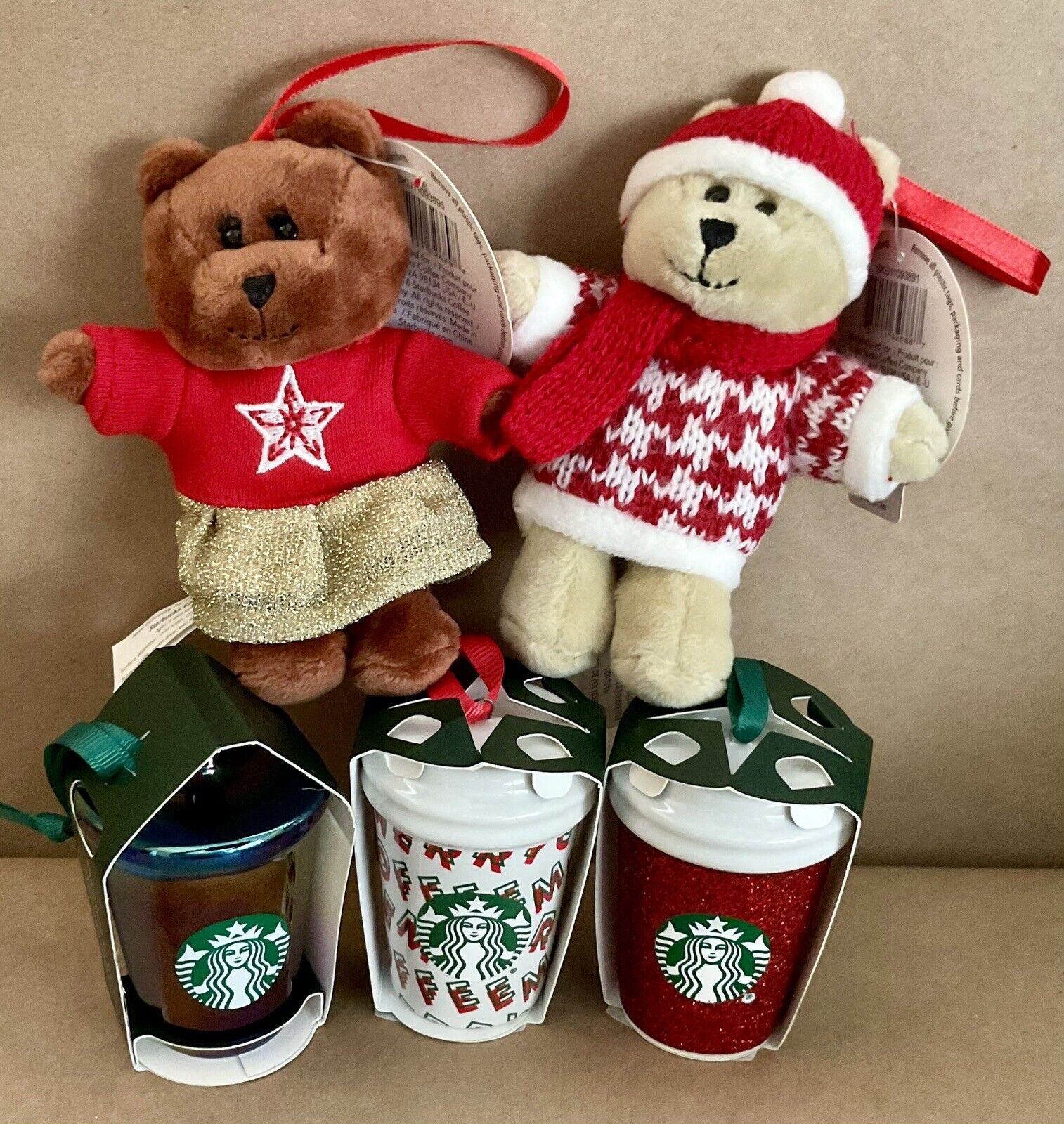 Lot of 5 Starbucks Christmas Ornaments 2018 Ceramic Cups & Bears BRAND NEW Mint