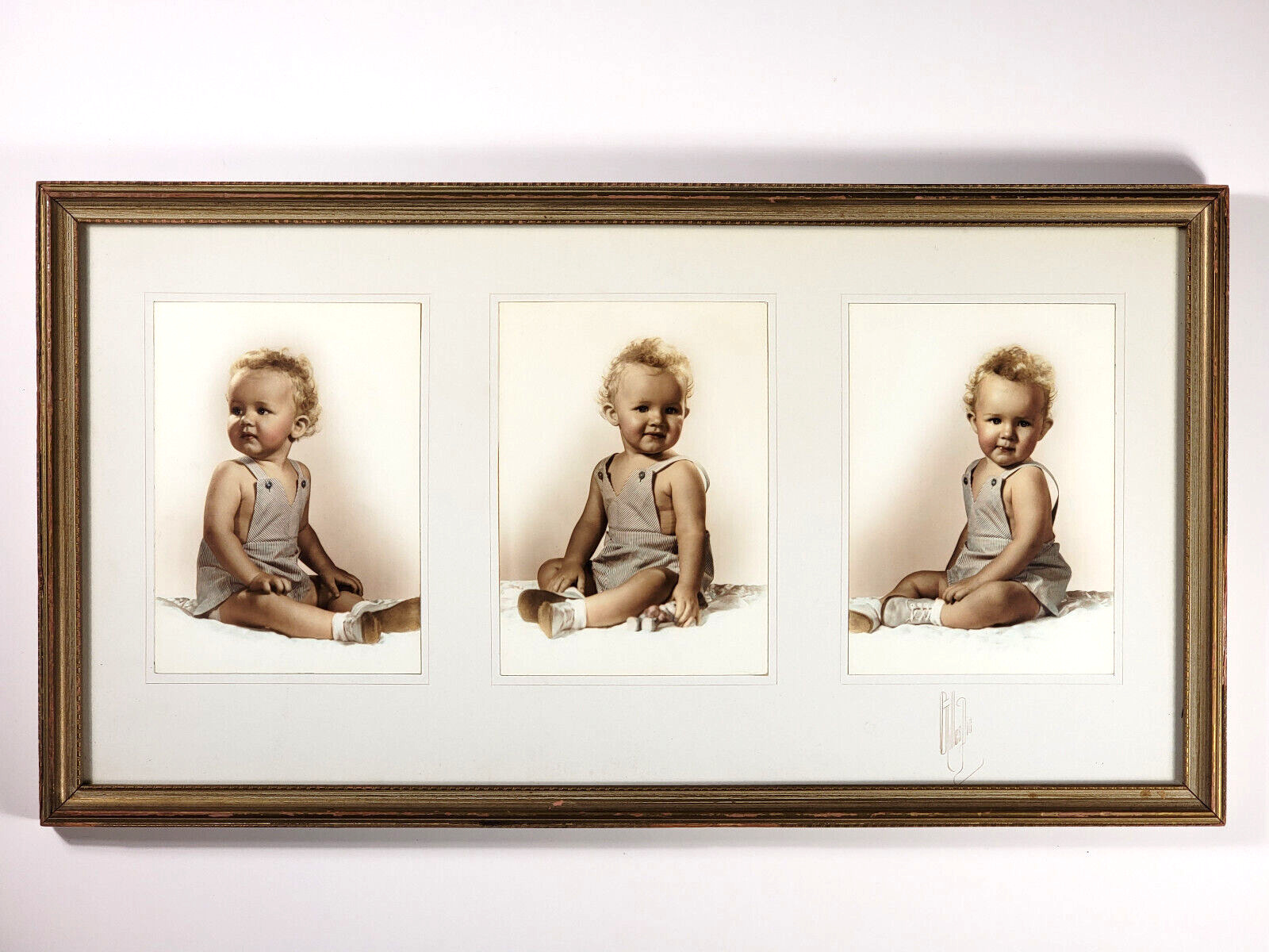 1920s Hand Tinted Triptych Studio Portrait Baby Boy, Overalls, Blue Eyes, Blonde