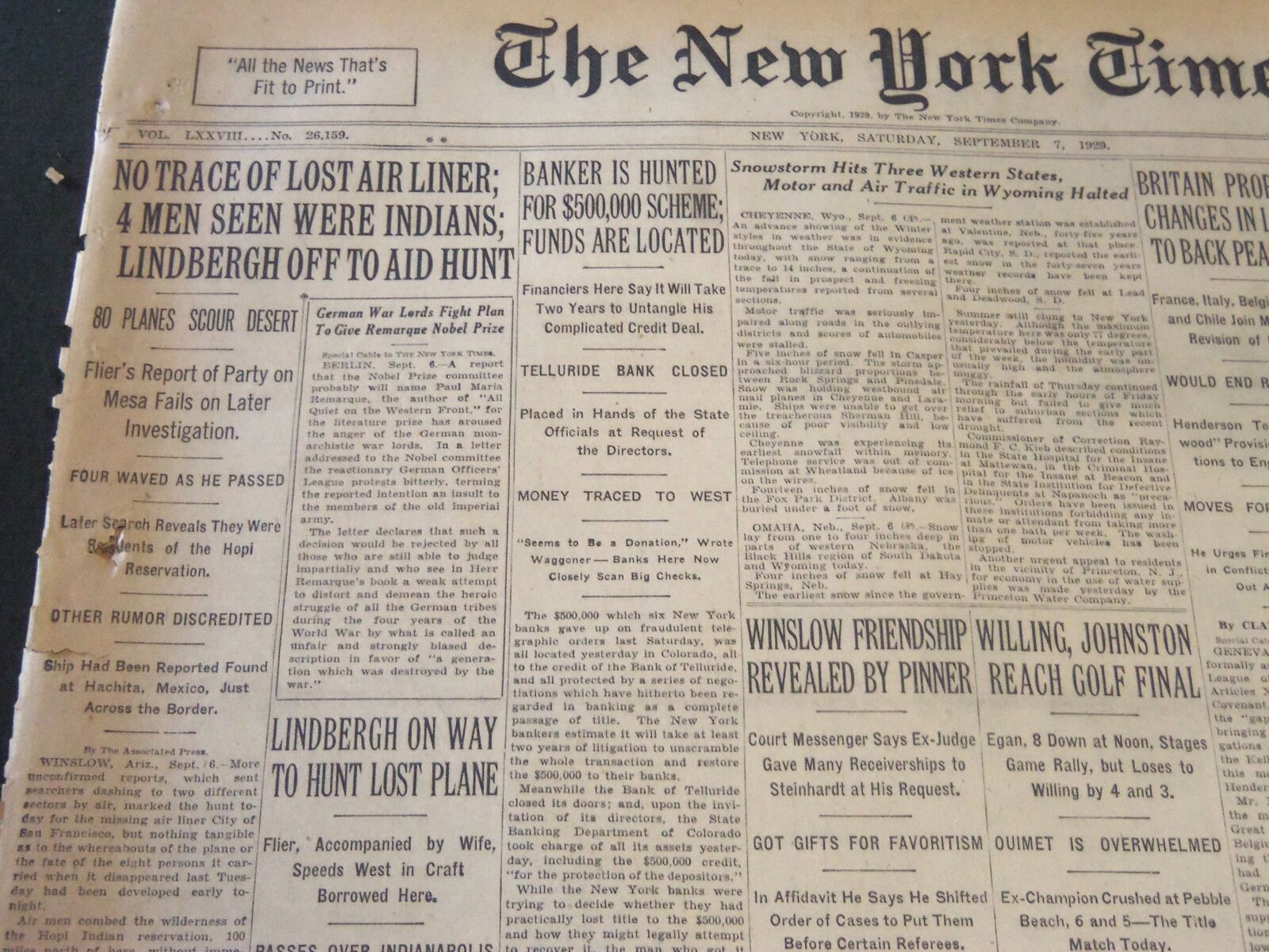 1929 SEPT 7 NEW YORK TIMES - AIR LINER LOST & LINDBERGH OFF TO AID - NT 6568