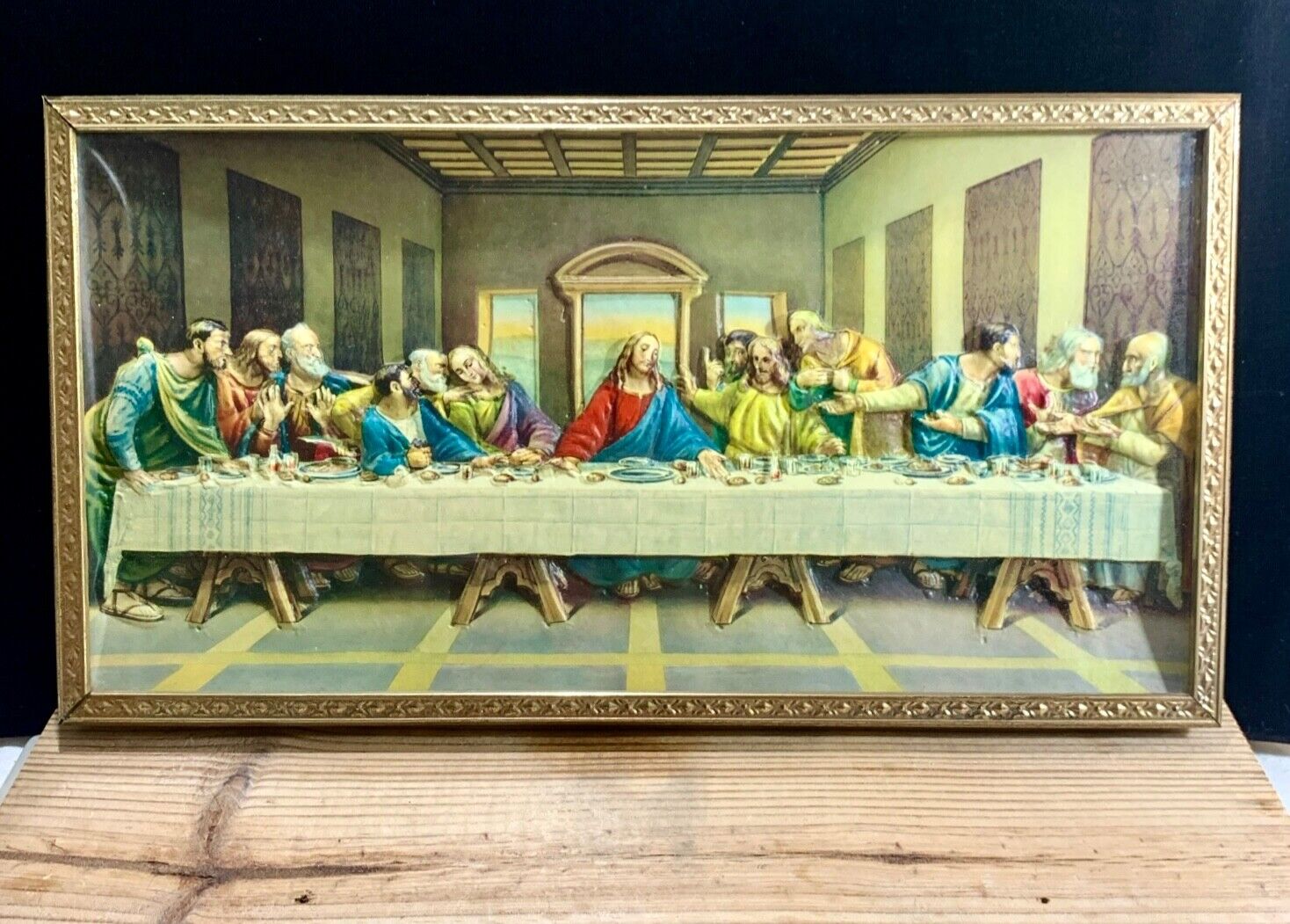 Vtg 3D Celluloid Last Supper Picture Raised Scene of Jesus and the Apostles 15x8