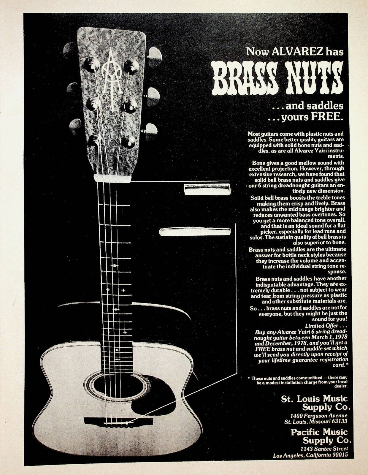 1978 Alvarez Yairi Guitars Brass Nuts & Saddles - Vintage Advertisement