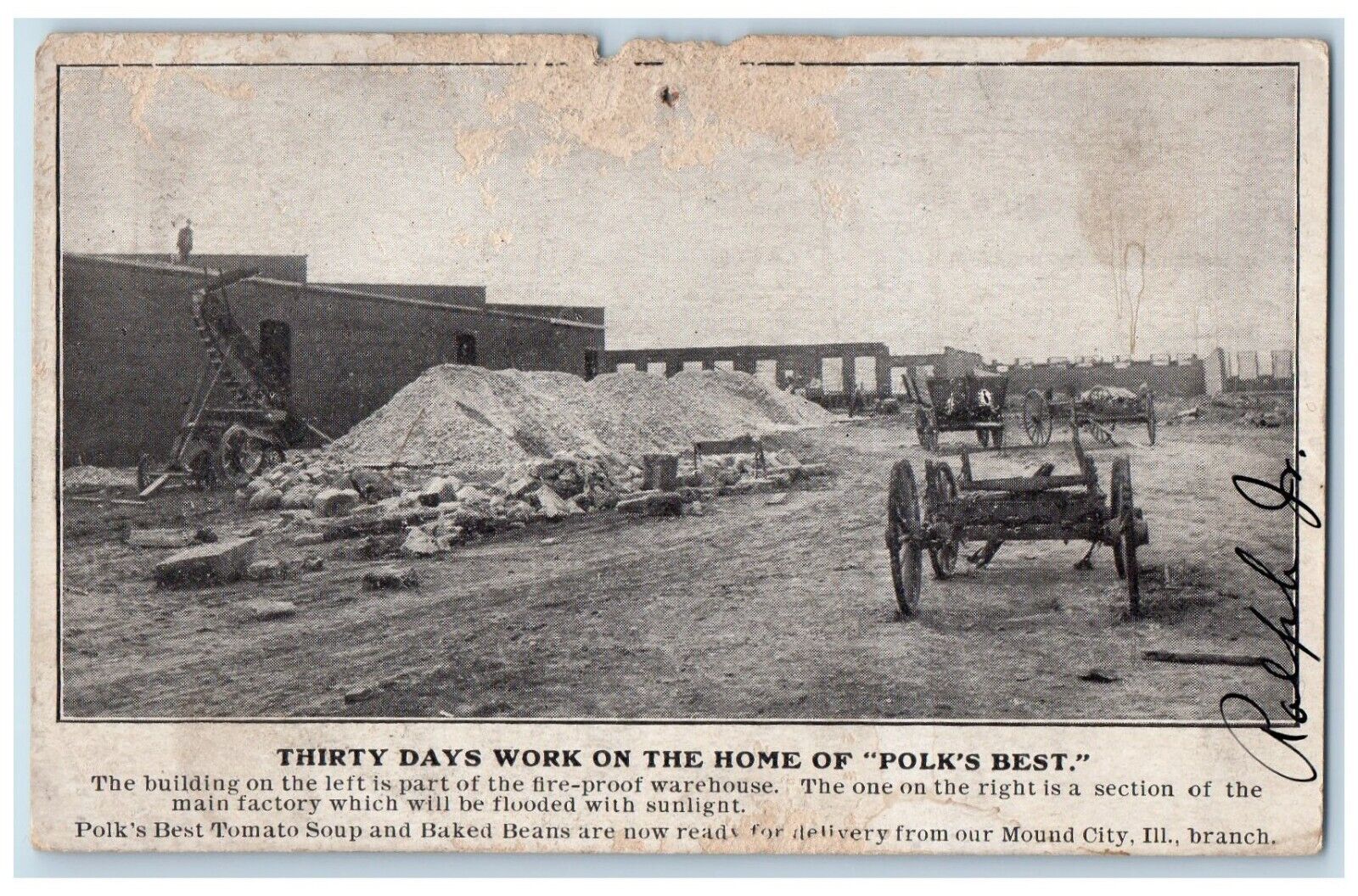 1907 Polks Best Tomato Soup Factory Construction Mound City IL Antique Postcard
