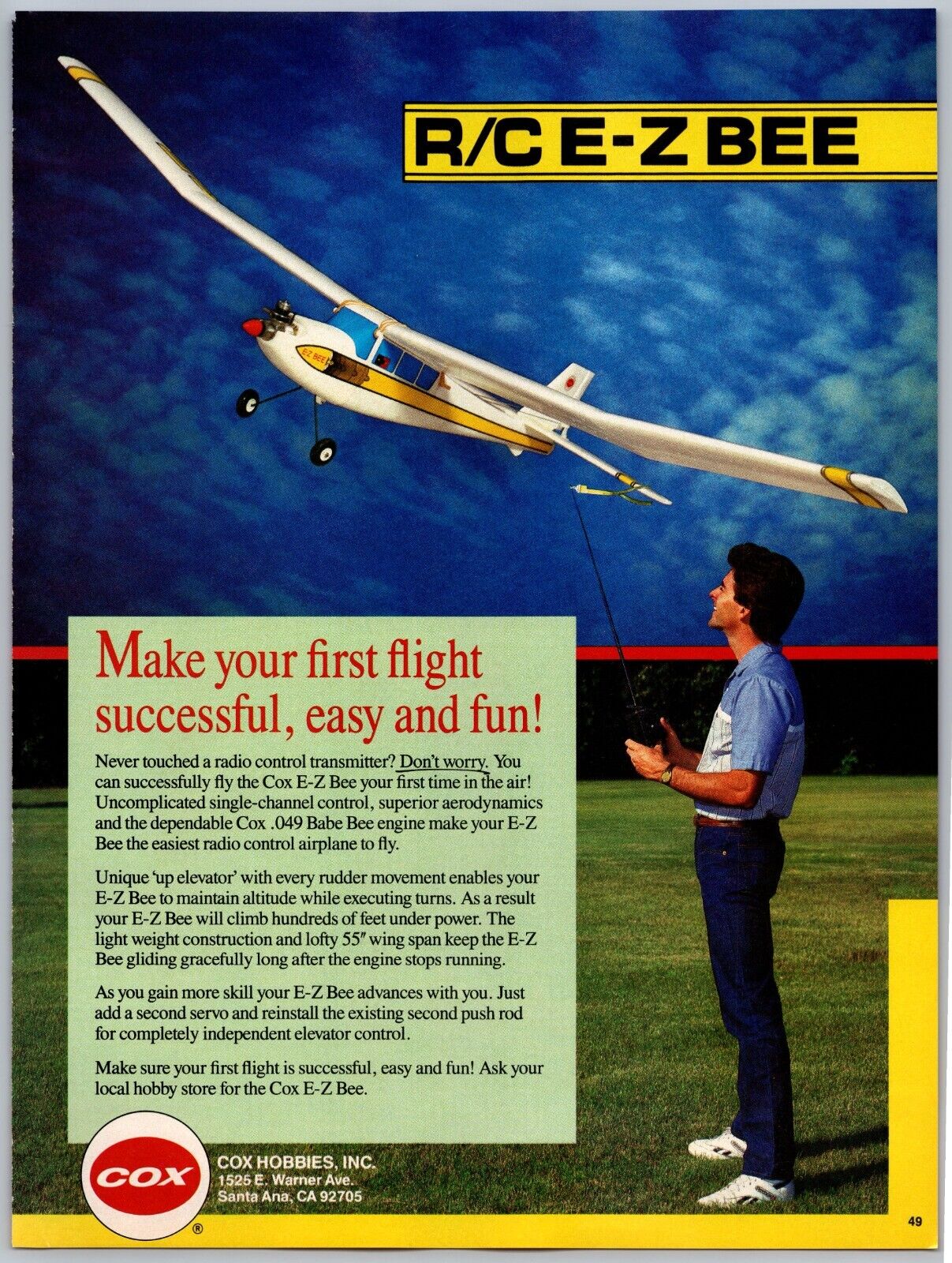 Cox Hobbies Inc. R/C E-Z Bee Model Airplane Vintage Dec, 1987 Full Page Print Ad