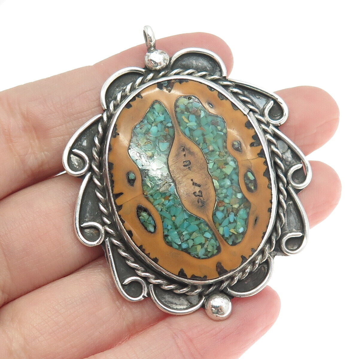 Old Pawn 925 Sterling Silver Vintage Southwestern Turquoise Inlay Tribal Pendant