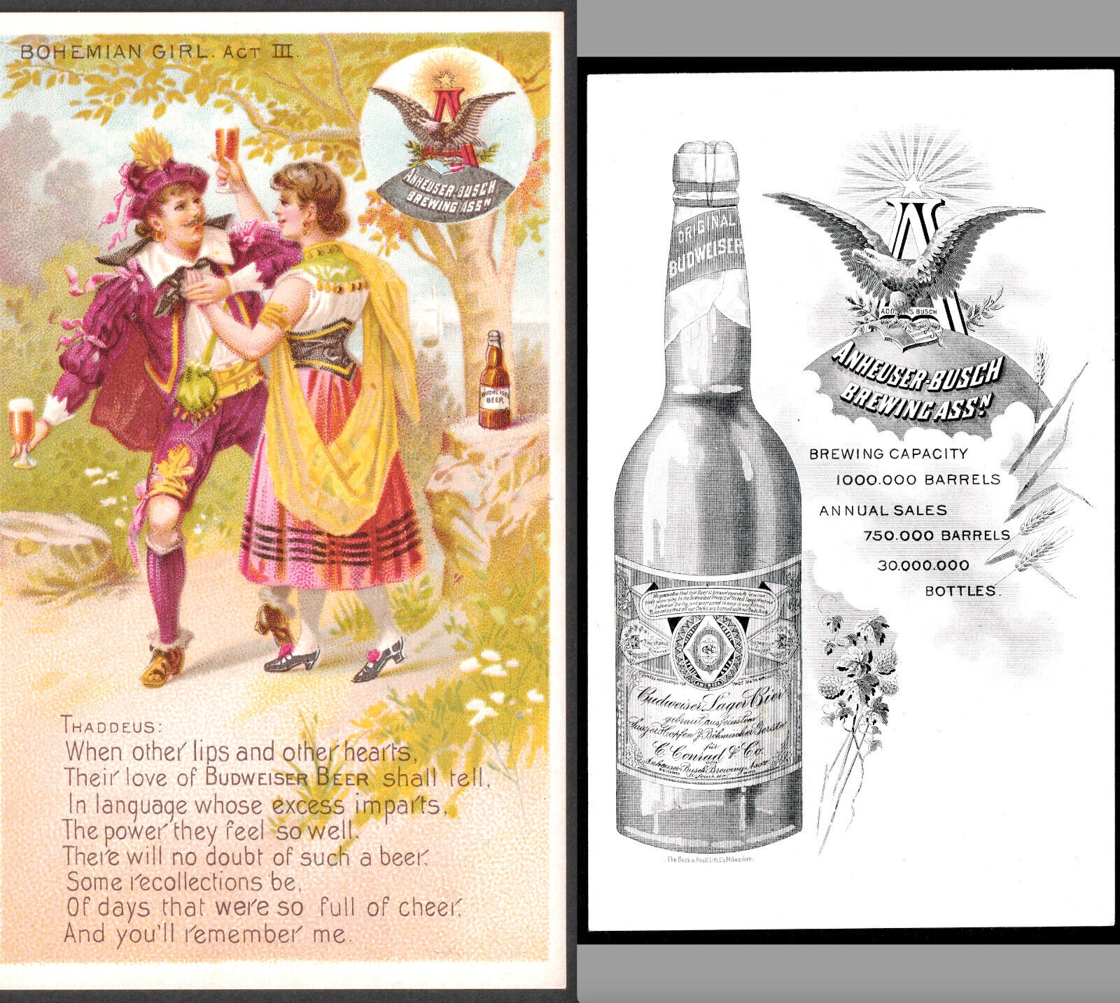 Anheuser Busch Brewing 1800's Budweiser Bohemian Girl Play Bottle Ad Trade Card
