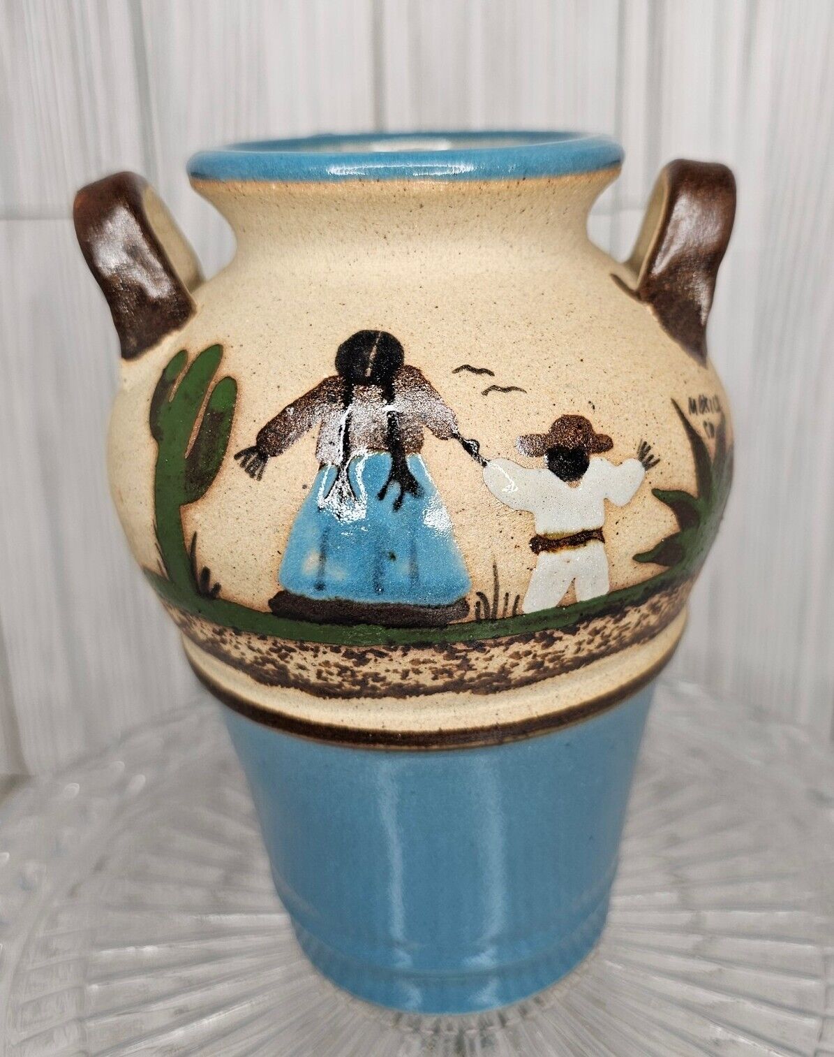 Vintage Tlaquepaque Mexican Pottery Vase, Mother & Child, Cactus Birds 7.5\