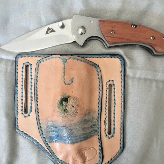 Folding KNIFE \'n Leather SHEATH -4 the lefty FISH head -CUSTOM MADE by a veteran