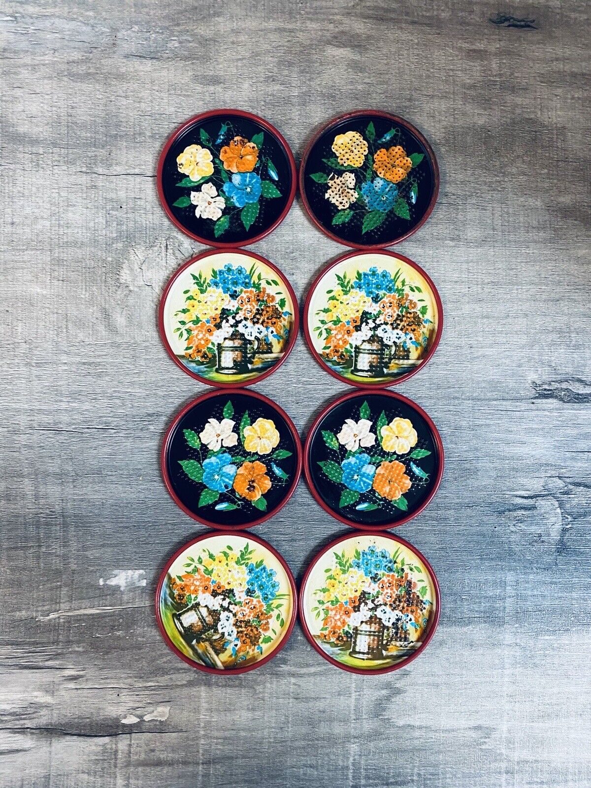Set of 8 Vintage Metal Floral Cup Coaster 3” 