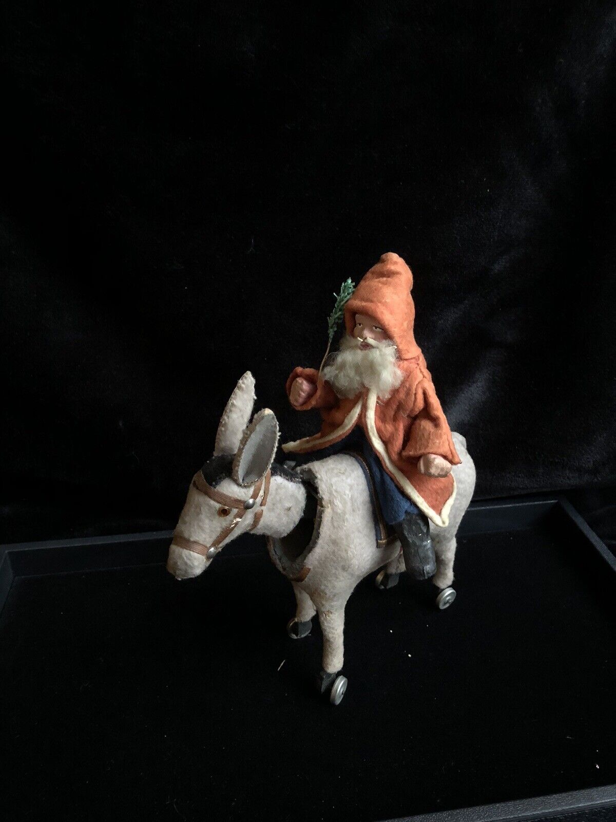 Antique Christmas Clay Composition German Belsnickle Santa W/Felt Nodder Donkey