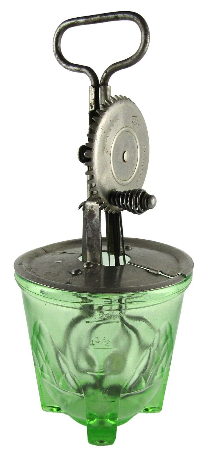 Antique A & J Hand Mixer/Egg Beater Green Uranium Depression Glass Measuring Cup