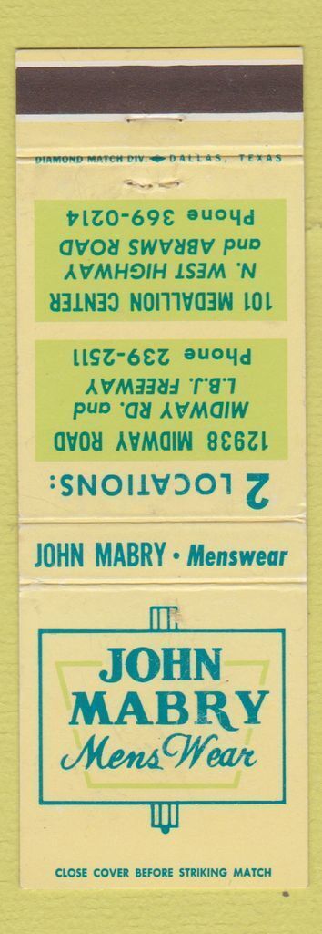 Matchbook Cover - John Mabry Men\'s Clothes Dallas TX