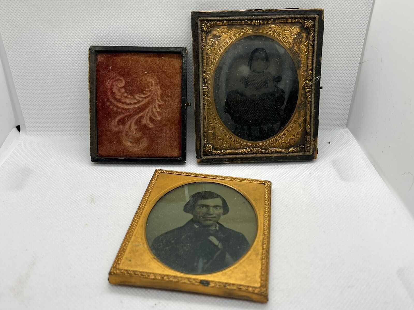 Lot of 2 Antique mini or pocket picture frames with tintype photos 1 Masonic