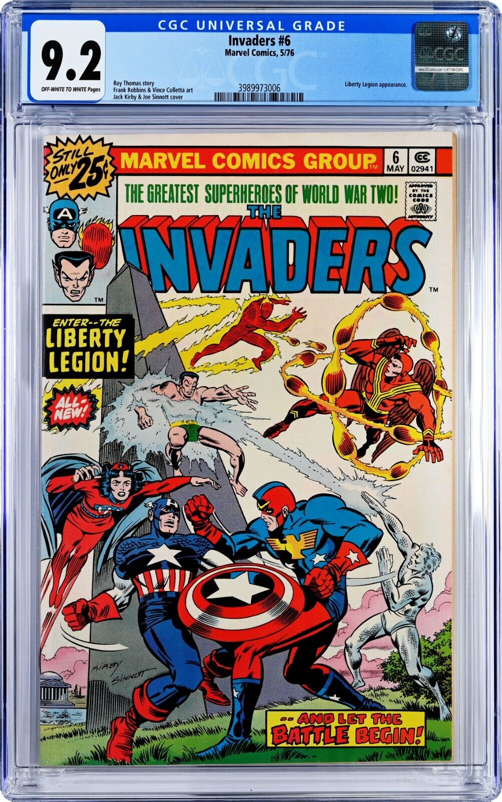 Invaders #6 CGC 9.2 (May 1976, Marvel) Jack Kirby Cover, 2nd Liberty Legion app.