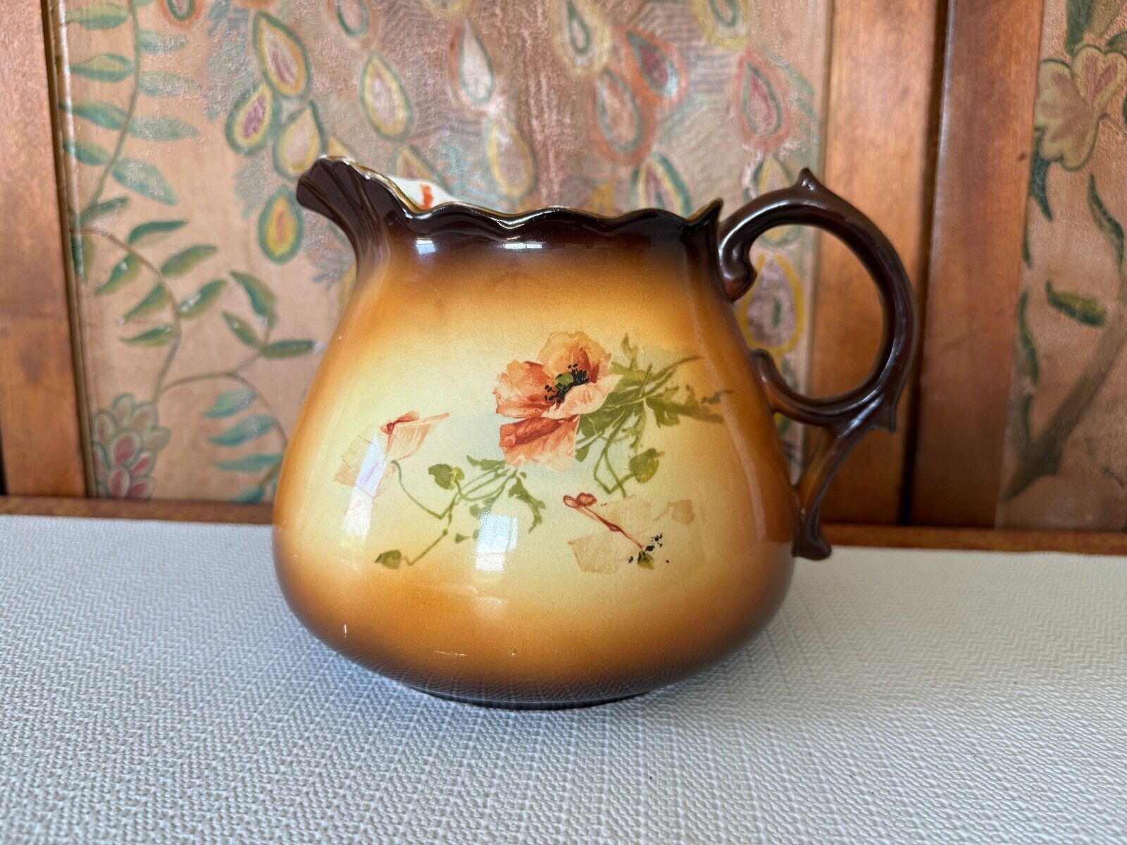 Vintage Warwick Ioga Art Noveau Porcelain Water Pitcher with Floral Poppy Design