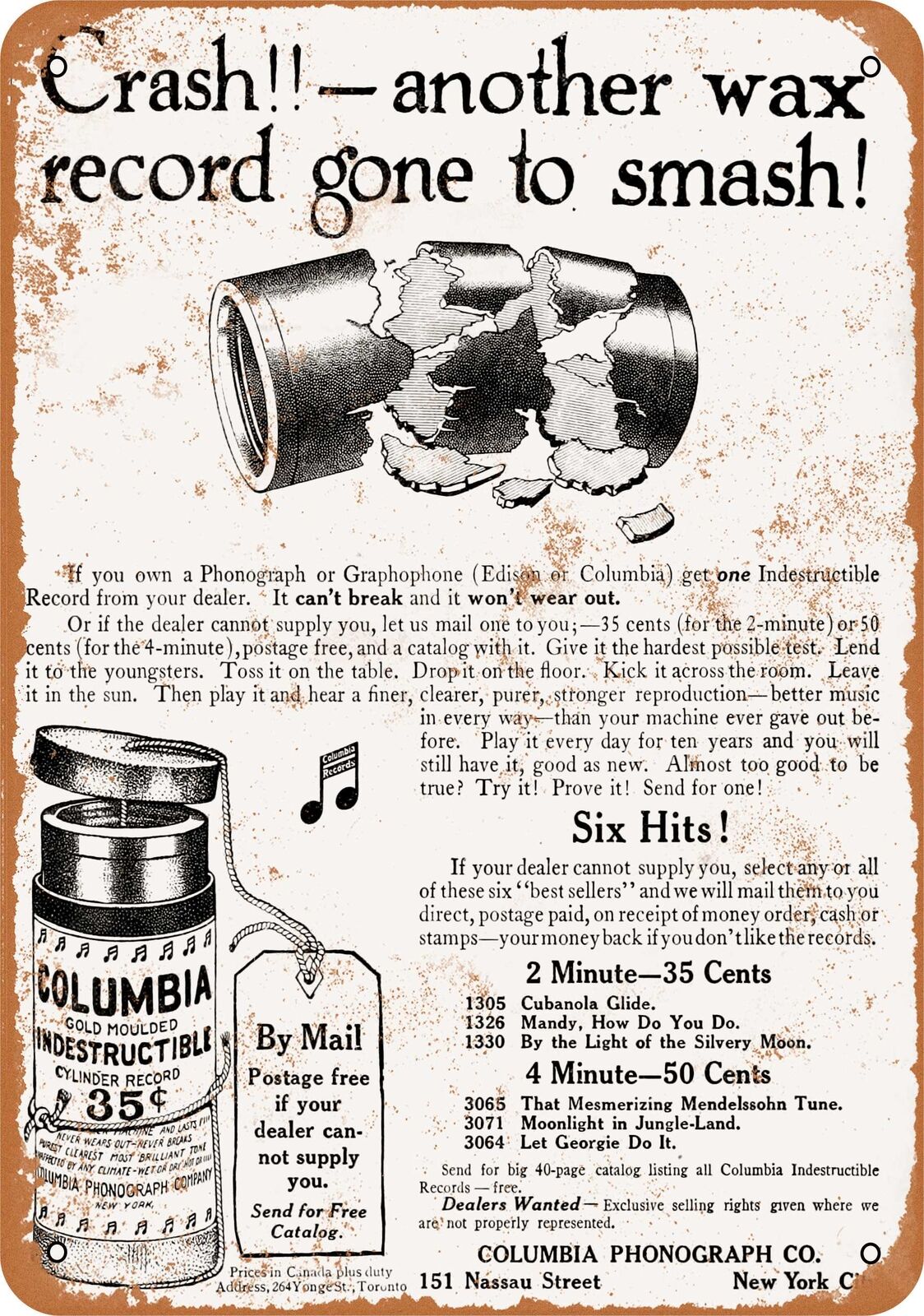 Metal Sign - 1910 Columbia Phonograph Indestructible Cylinder Records -