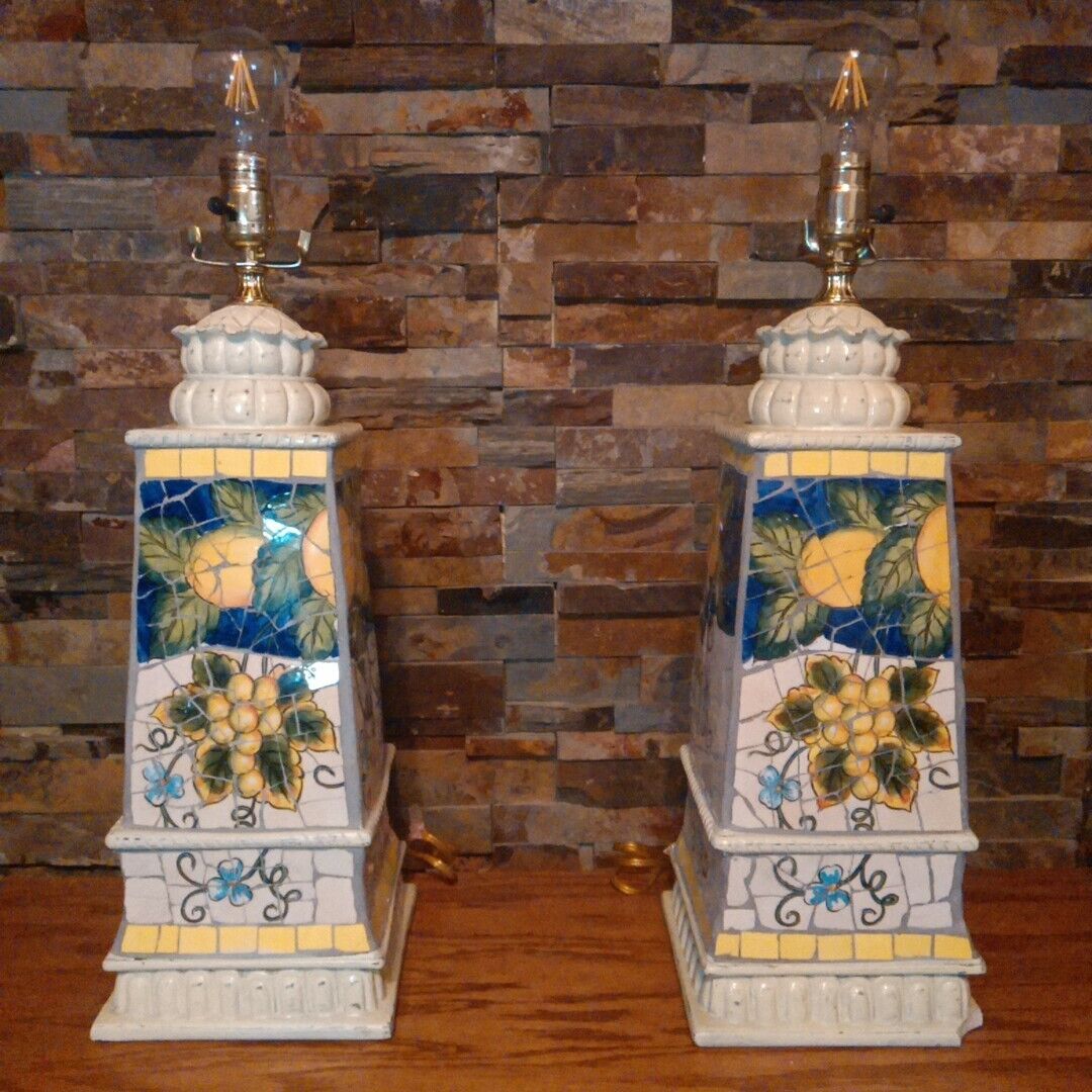 Vintage Handcrafted Ceramic Mosaic Cracked Tile Lemon Table Lamps Pair - Working