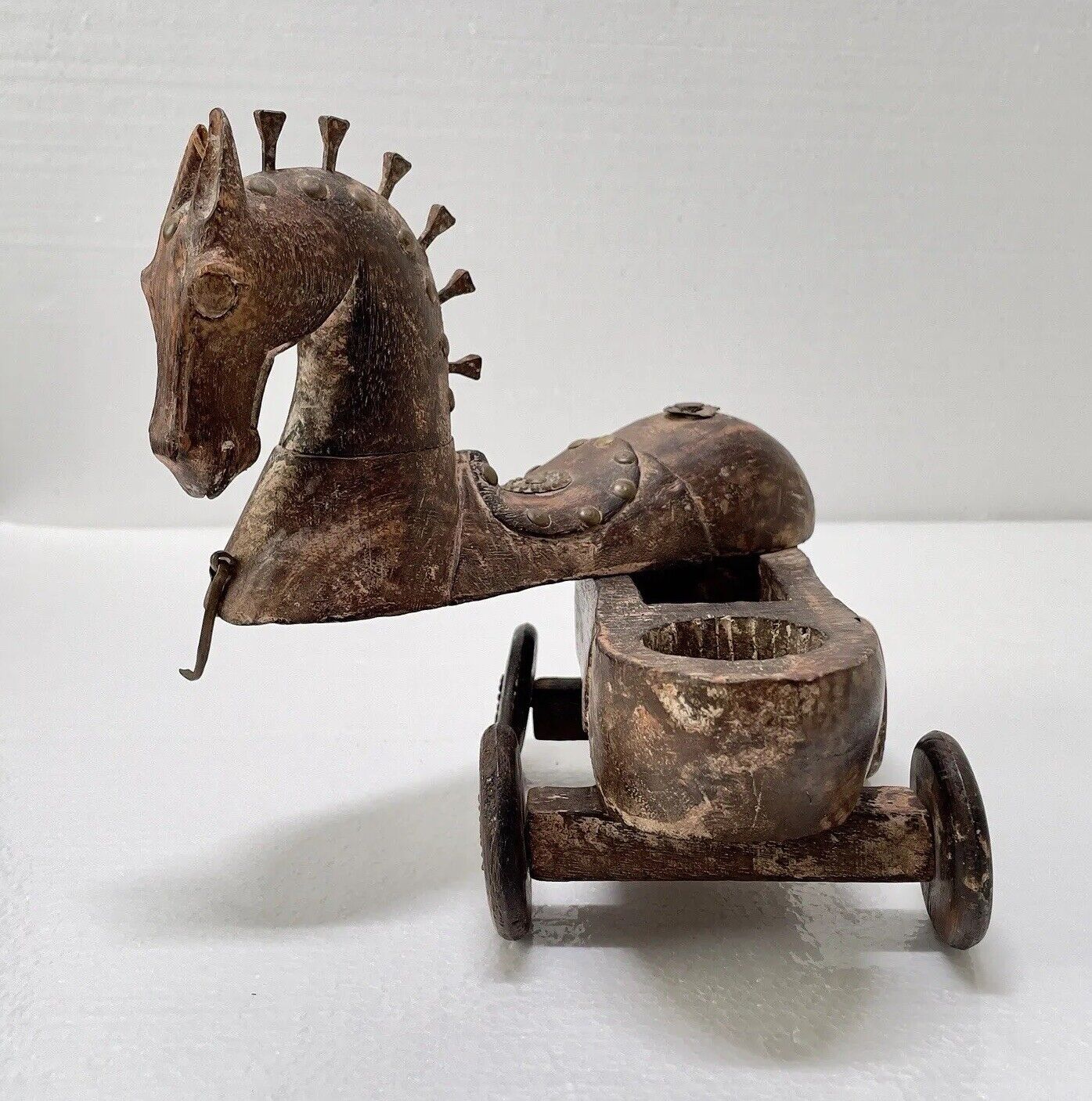 Vintage Trojan Horse on Wheels Toy Wood Trinket Box Opens to Hidden Compartment
