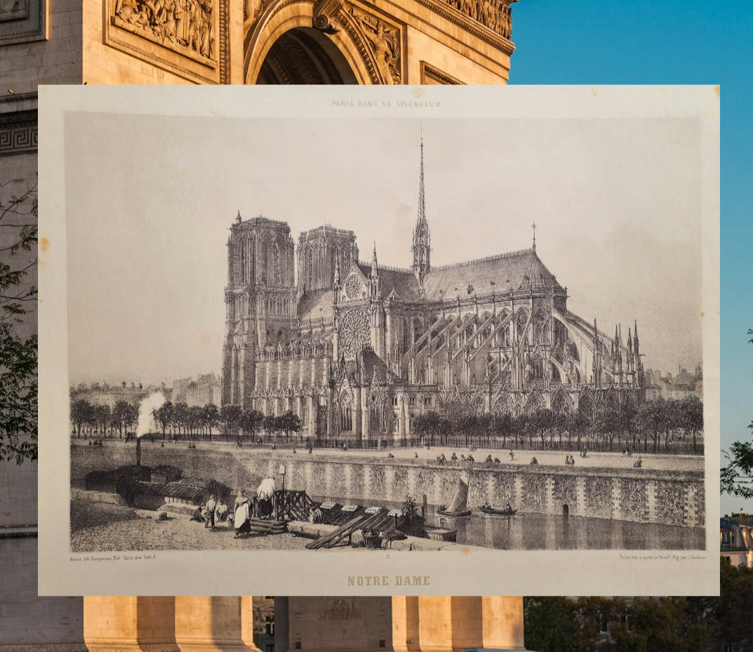 Notre-Dame de Paris Original Lithograph 1861 France Seine River Cathedral VTG