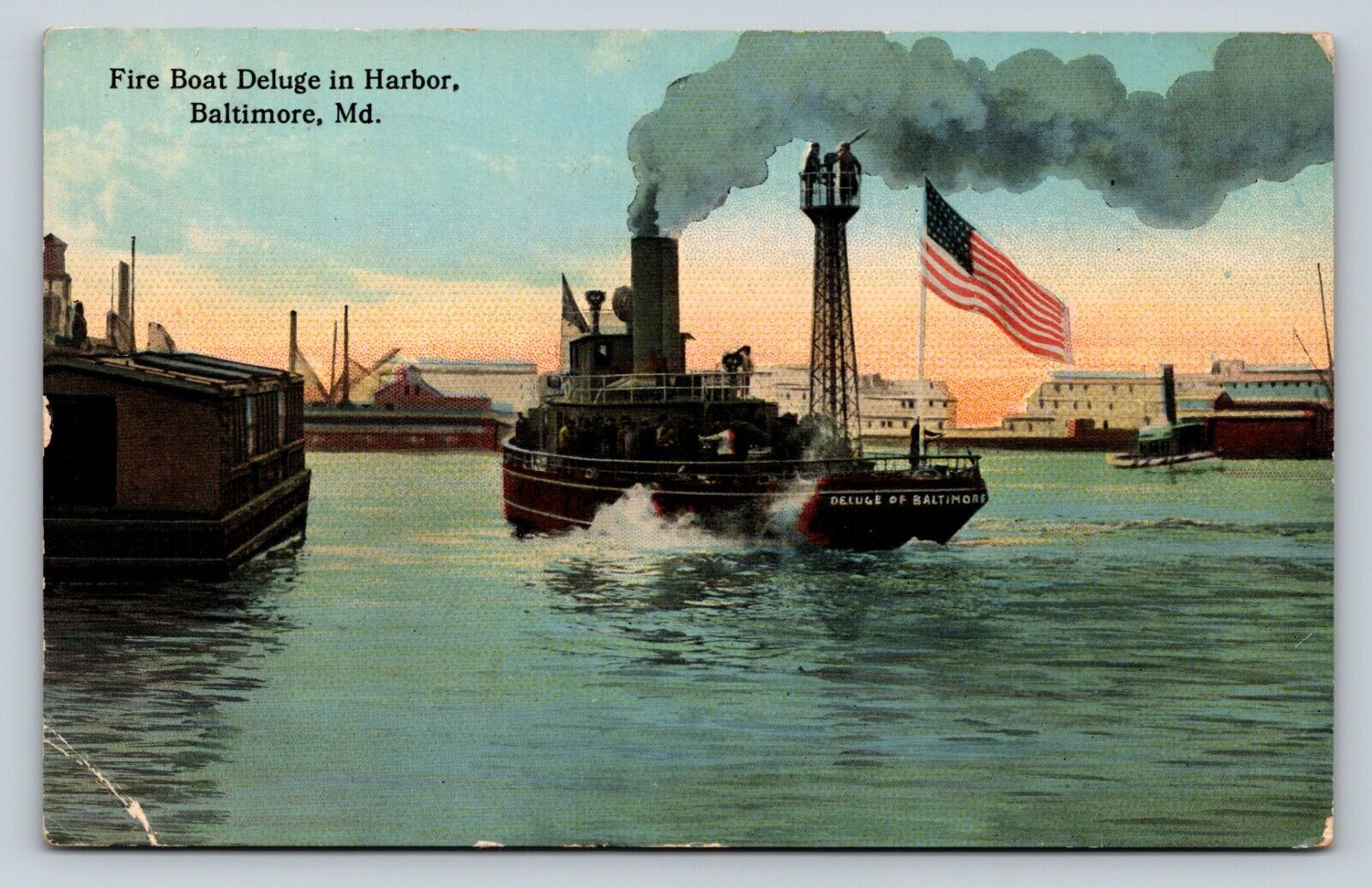 c1916 Baltimore Maryland MD Fire Boat Deluge In Harbor US Flag ANTIQUE Postcard