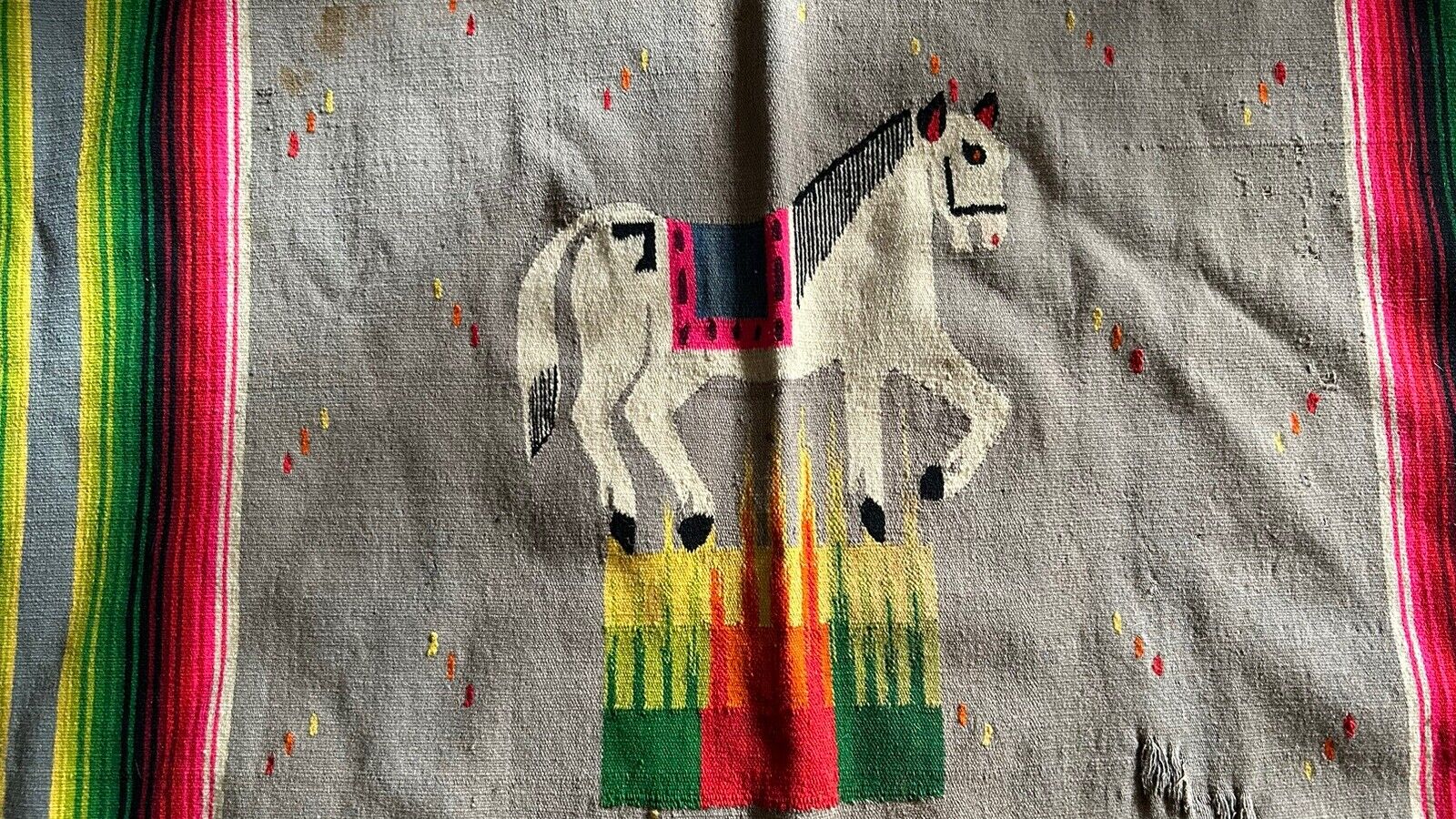 Vintage Pictorial Mexican Saltillo Serape Blanket Estate Find Horse Great Color