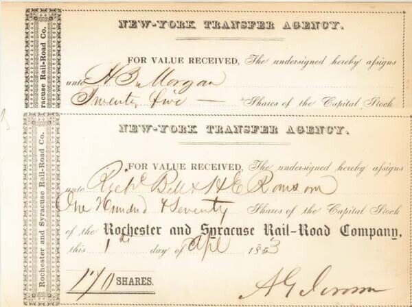 Addison G. Jerome - Rochester and Syracuse Railroad - Autographed Stocks & Bonds