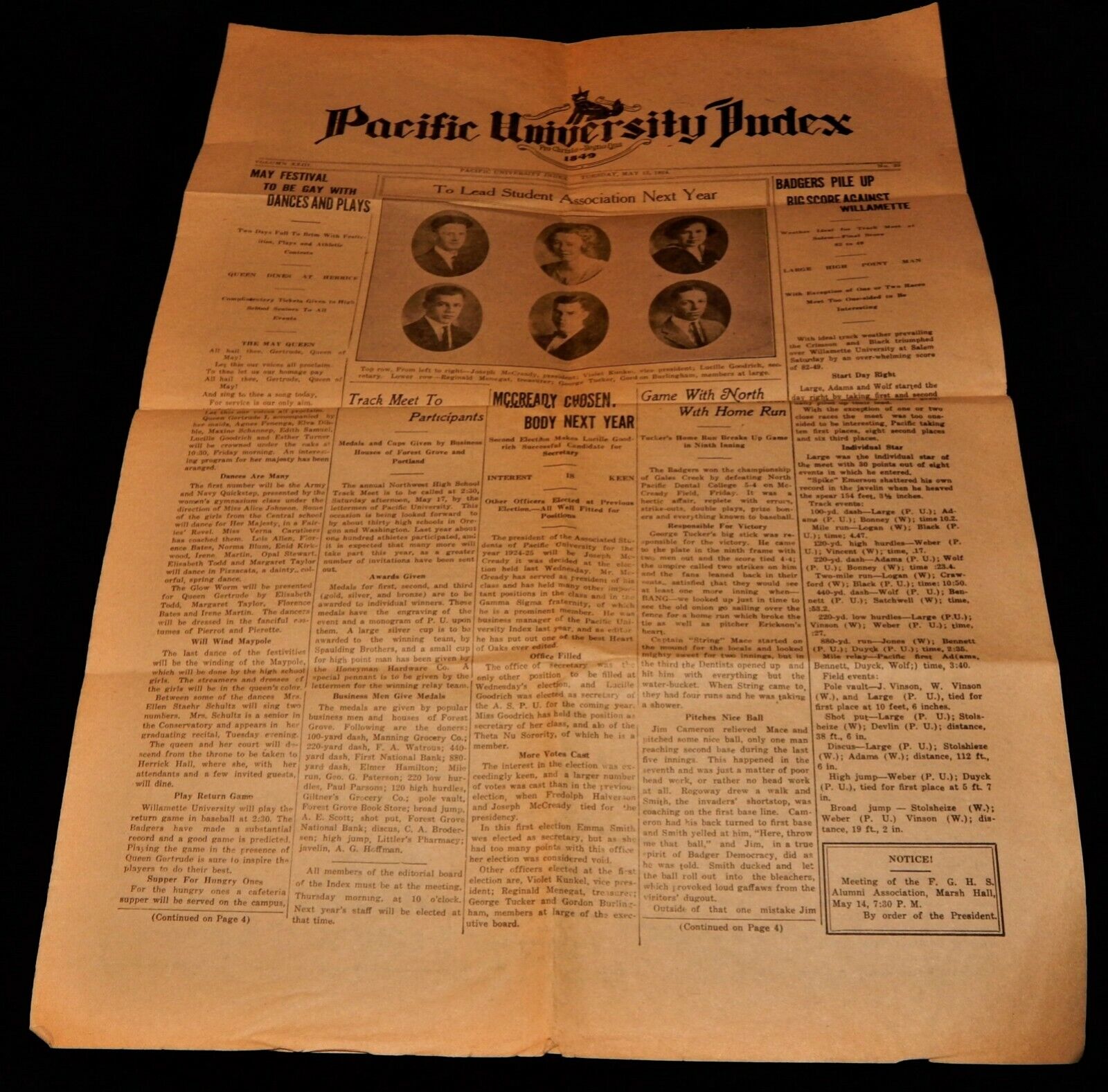 Vintage School Newspaper, PACIFIC UNIVERSITY INDEX, Pacific Grove, OR, May 1924