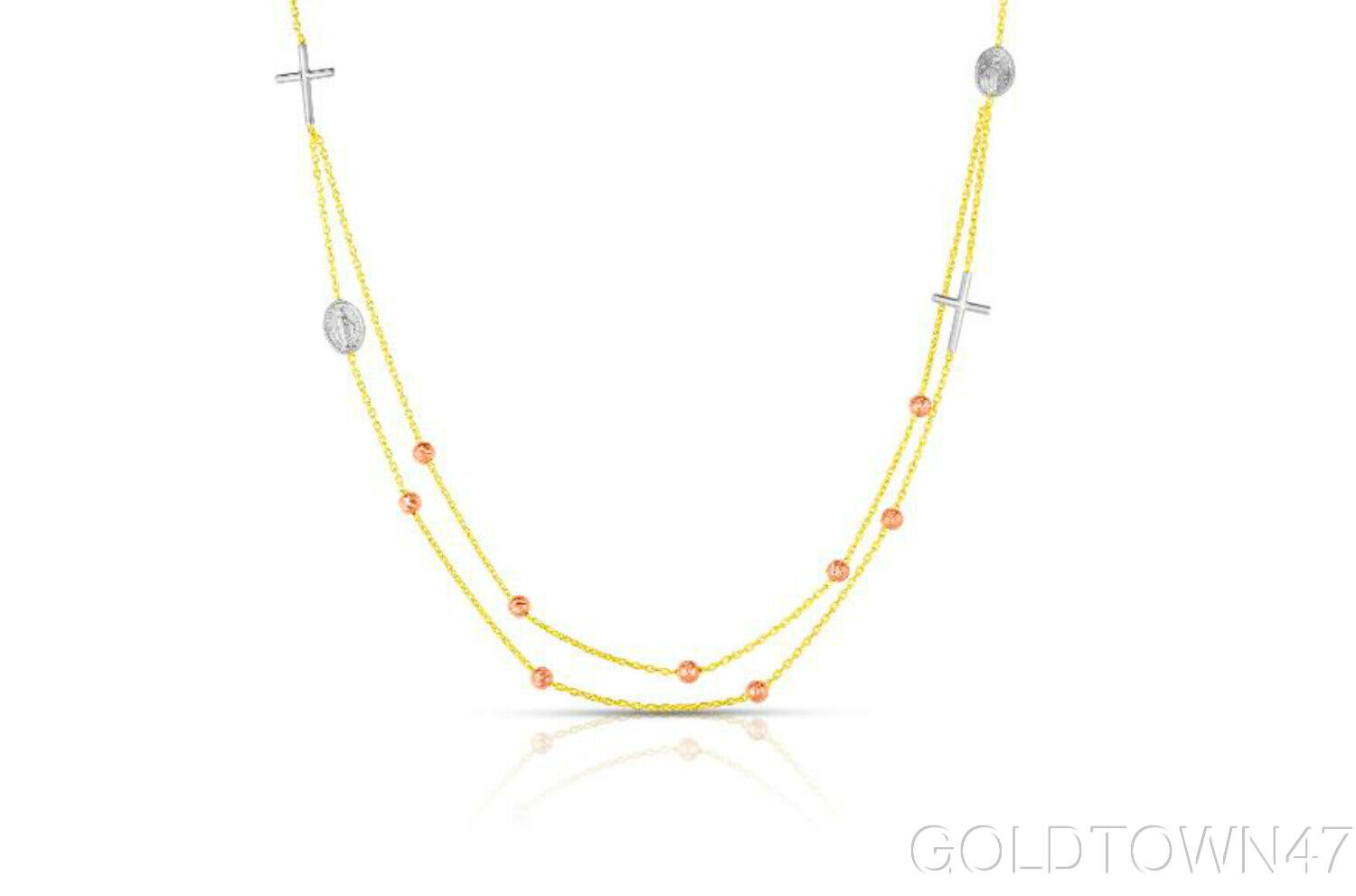 14k Yellow+ Rose+White Gold Finish Shiny Bead+Cross Fancy Necklace