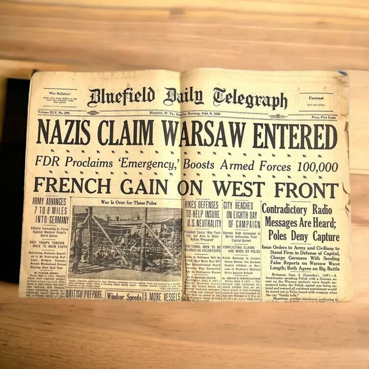 VINTAGE SEPTEMBER 9/9/1939 FDR NEWSPAPER  WARSAW World War 2 Warsaw Front Page
