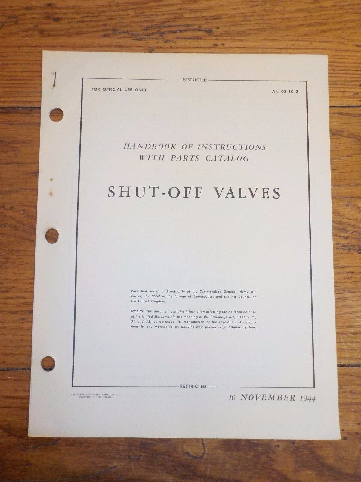 Handbook of Instructions With Parts Catalog Technical Orders Shut Off Valves 