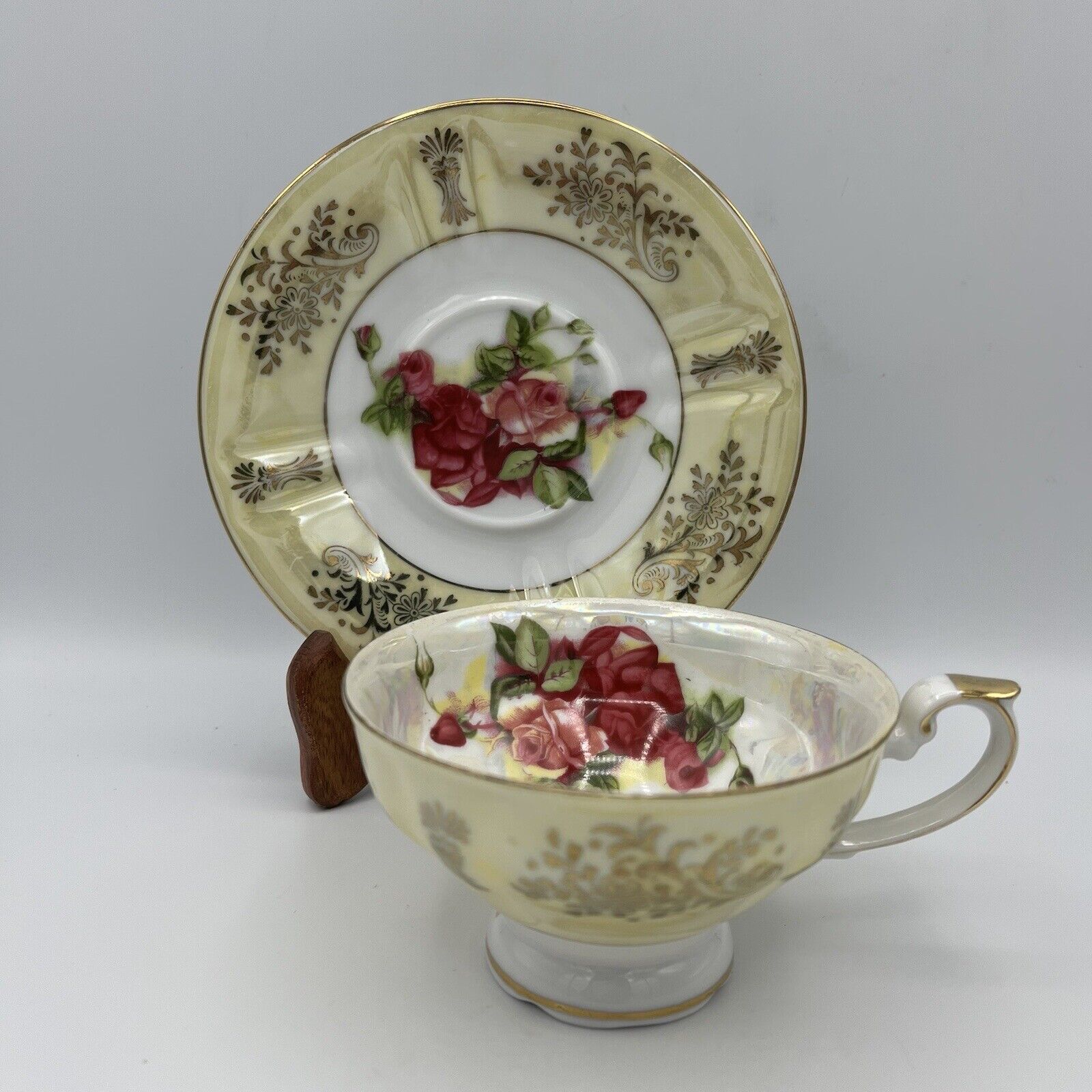 Vintage LM Royal Halsey Very Fine Cup Saucer Pink Roses Yellow Iridescent Gold