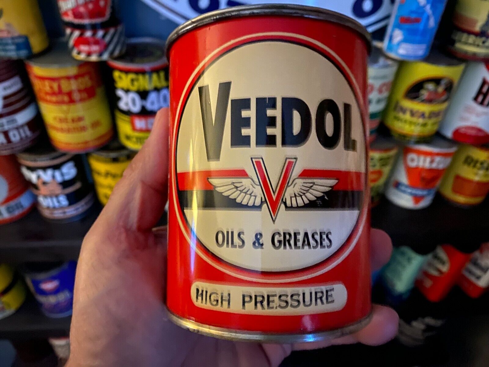 VINTAGE FULL NOS 1940'S VEEDOL 1 LB HIGH PRESSURE GREASE CAN EXCELLENT CONDITION