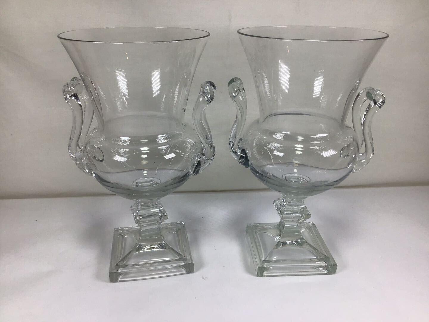 U74 Vintage Antique Duncan & Miller Clear Glass Grecian Urn Handled Vase