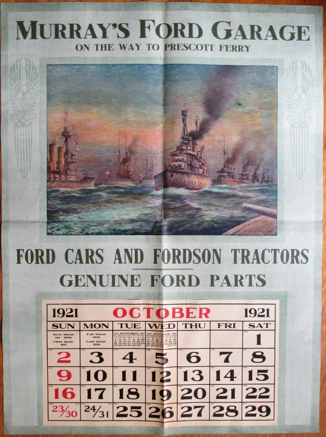 Ford Car 1921 Advertising Calendar/35x47 Poster: WWI Military Ship-Ogdensburg-NY