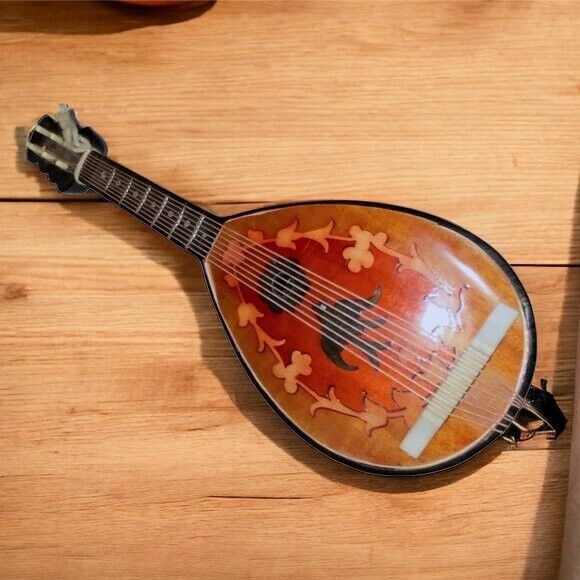 Vintage Musical Wooden Mandolin Music Box Plays Song My Sun *VIDEO AUDIO*