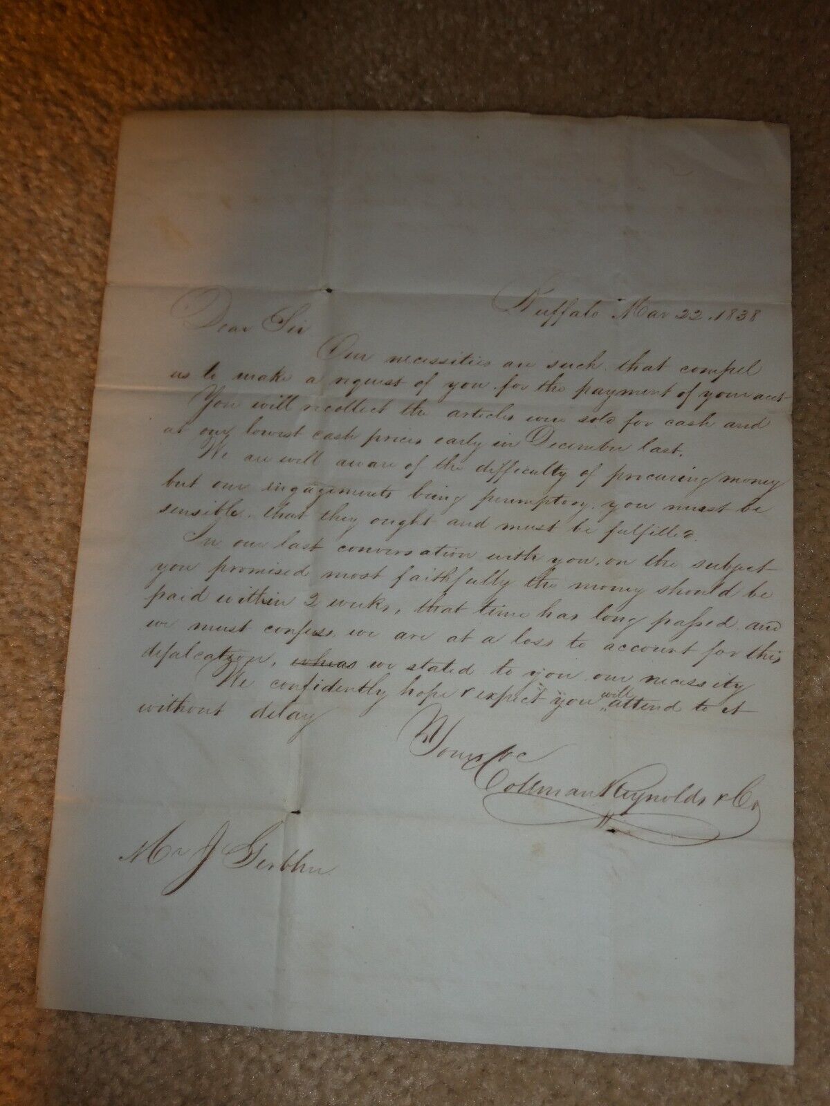 Original 1838 Signed Letter for Payment Buffalo New York