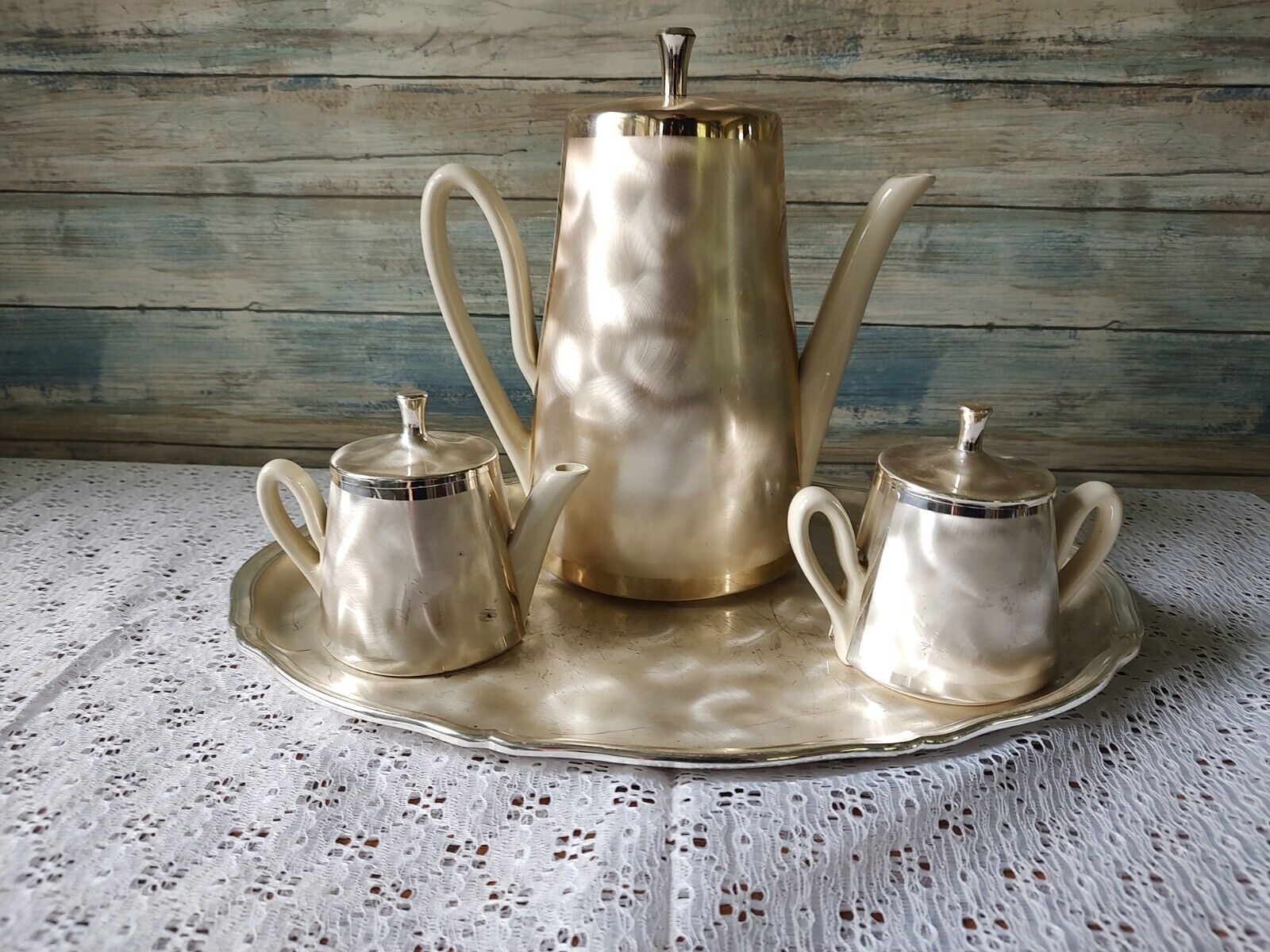 WMF Ikora Silverplate MCM Brushed Metal Ceramic Coffee Tea Set Cream Sugar Tray