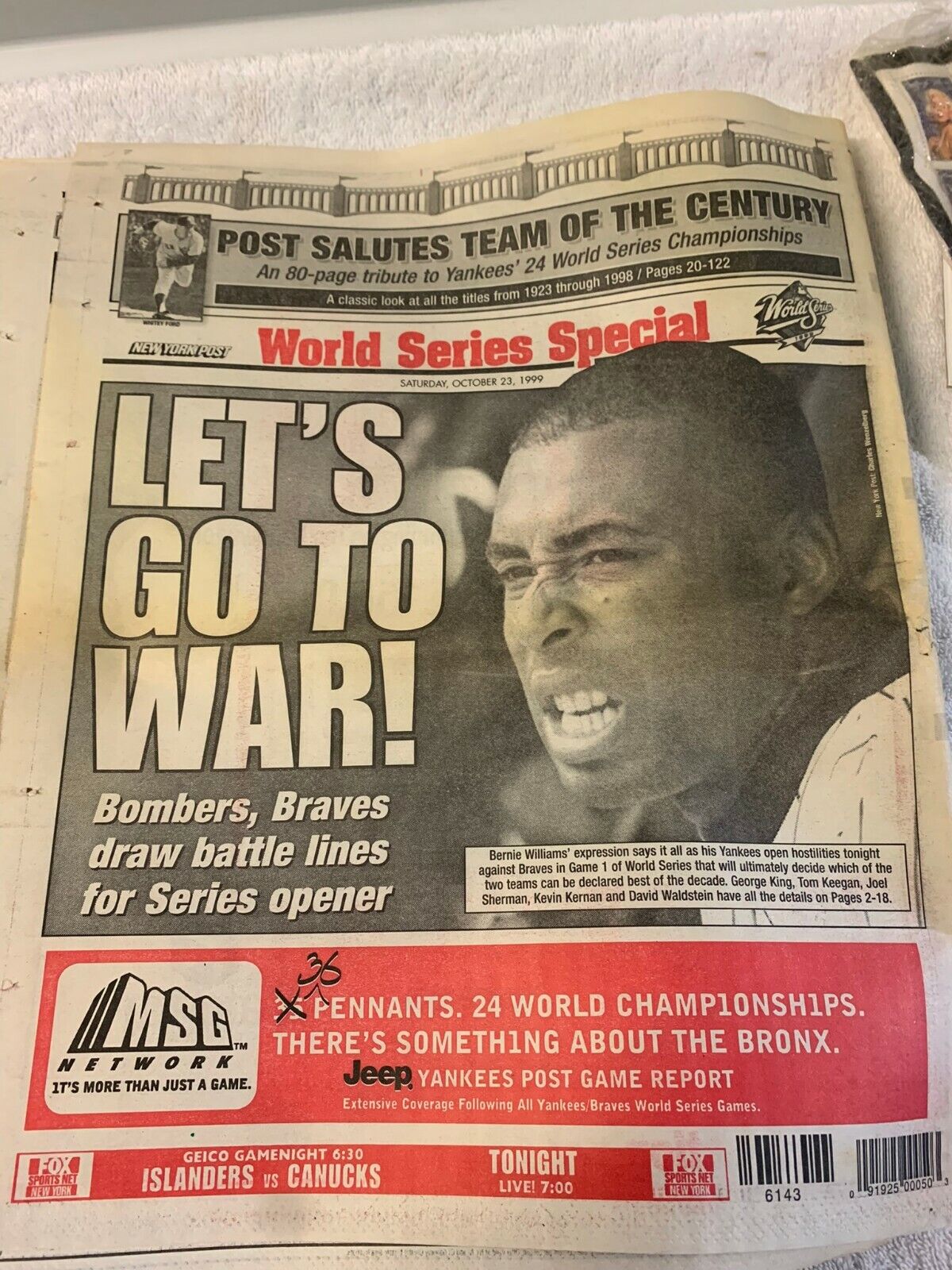 New York Post October 23 1999 NY Yankees World Series Bernie Williams 041520DBE