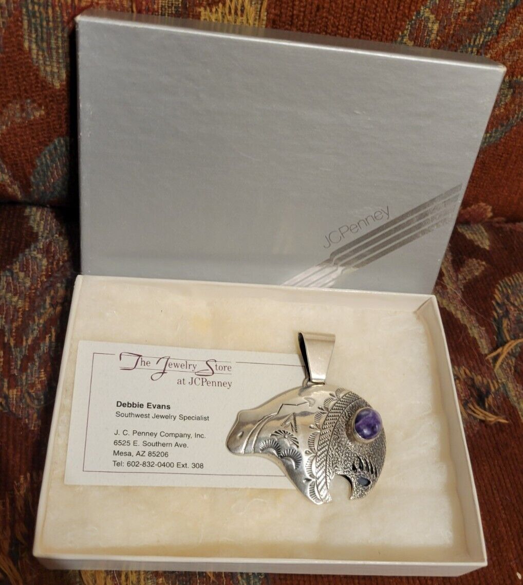 Navajo Signed Delbert Vandever Sterling Silver Bear W Purple Stone Necklace 