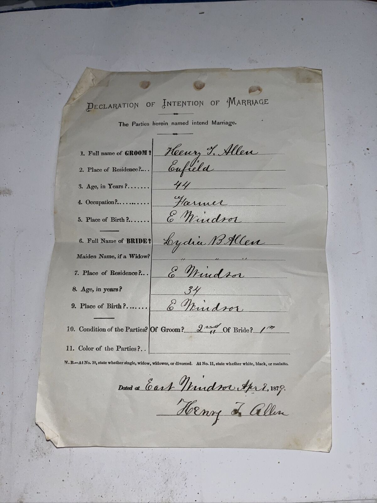 Antique 1879 Marriage Declaration - East Windsor Enfield Farmer CT Connecticut