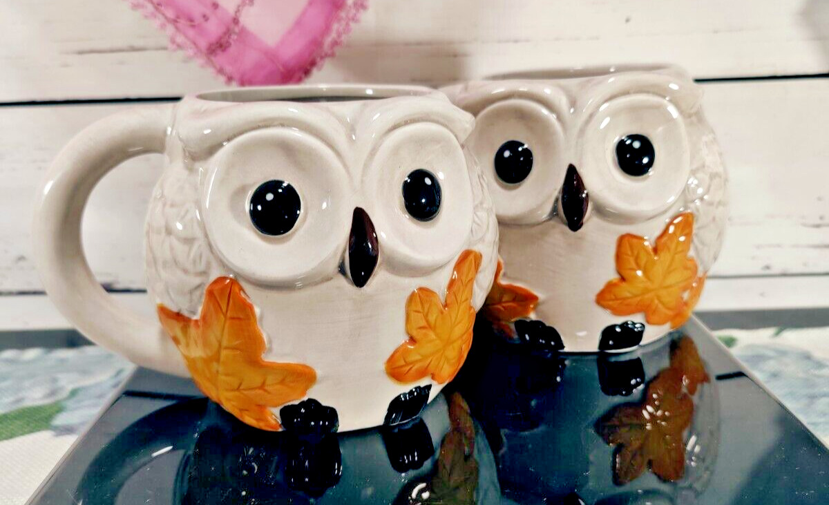 Adorable Harry and David Novelty Fall Large Eye Owl Coffee Mugs set of Two