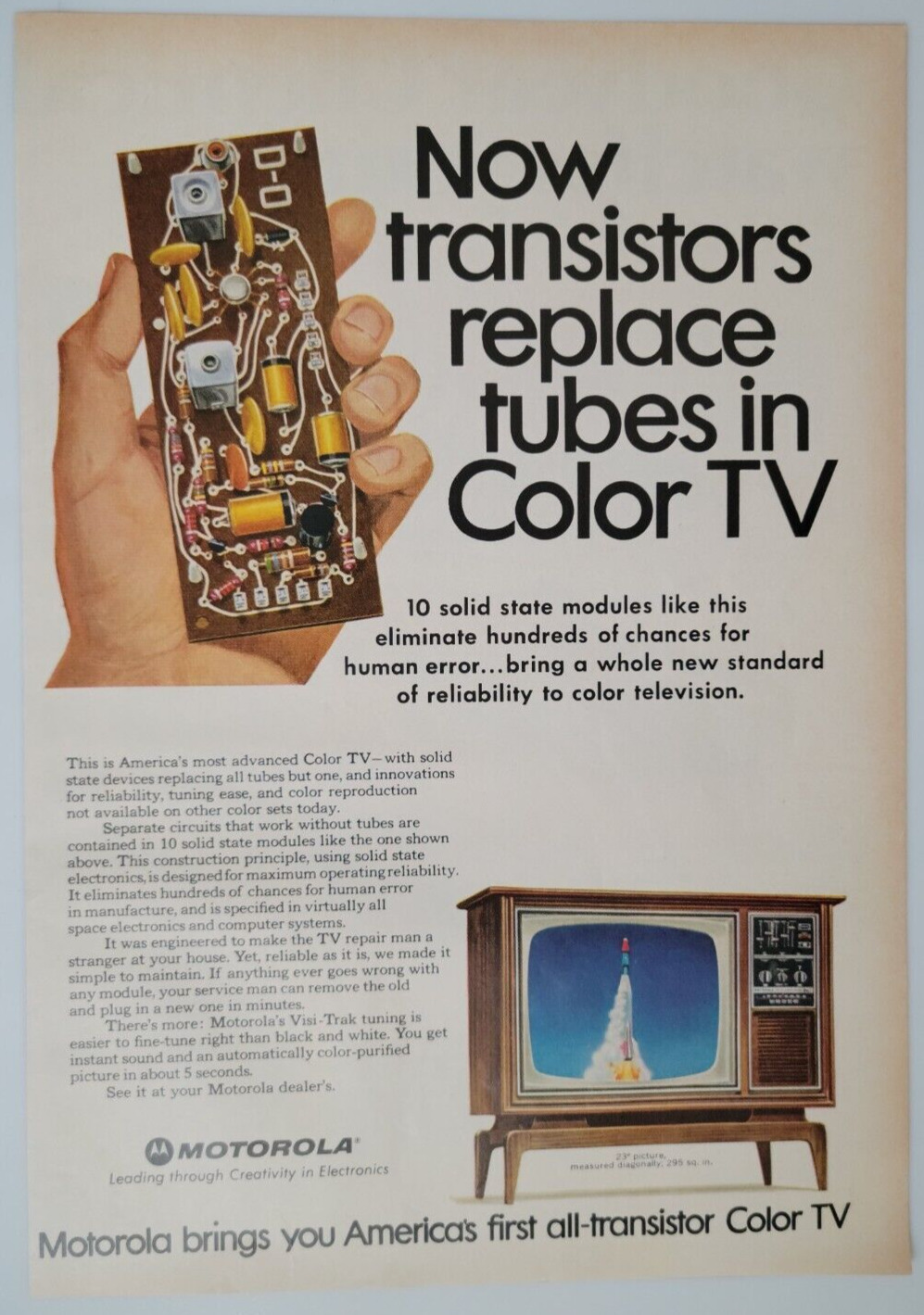 Motorola US First All-Transistor Color TV Solid State 1967 Ad Time 8x11\